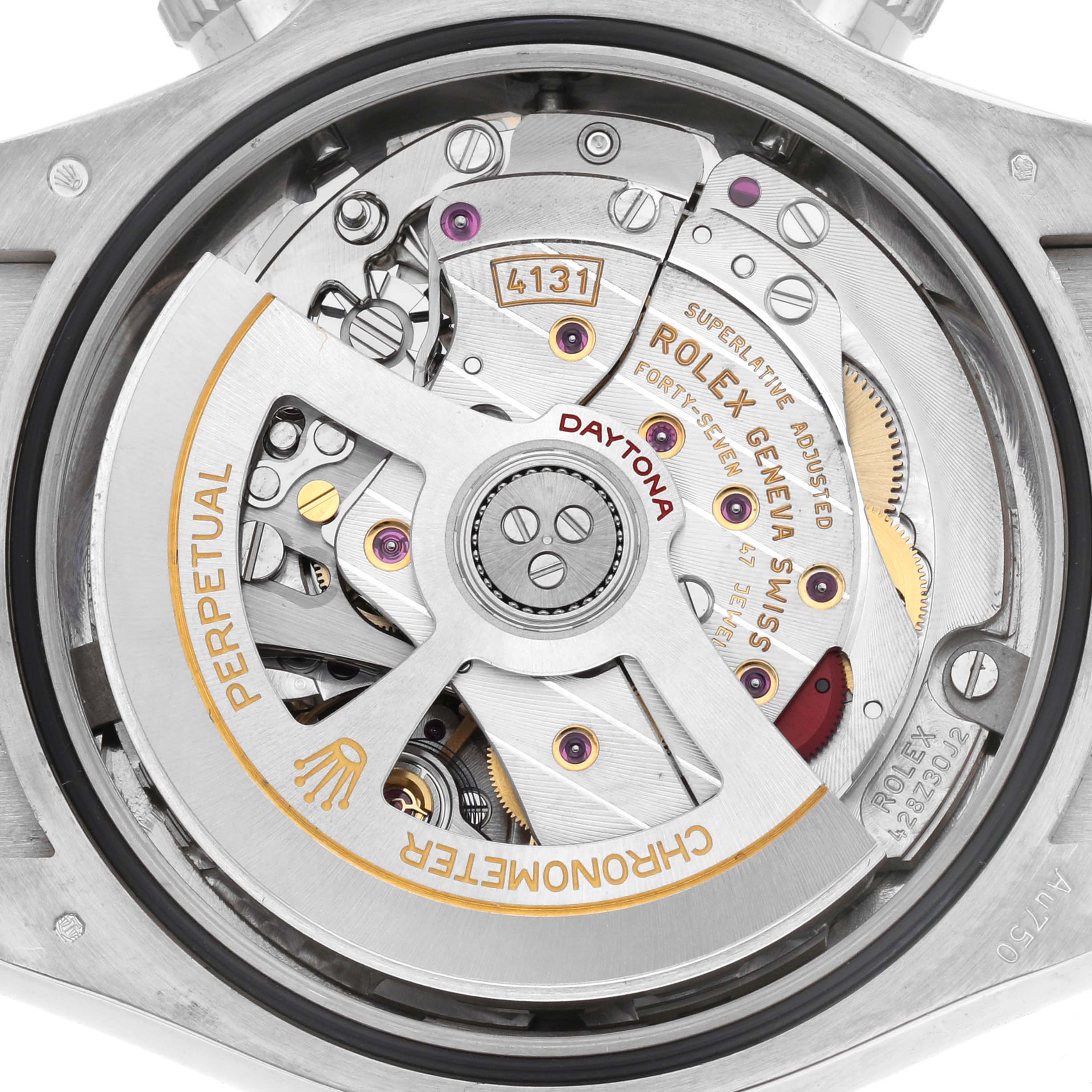 The image shows the movement and inner workings of a Rolex Daytona 126519 Men
s White Gold Black Dial 126519 Men
s White Gold Black Dial watch from a rear view.