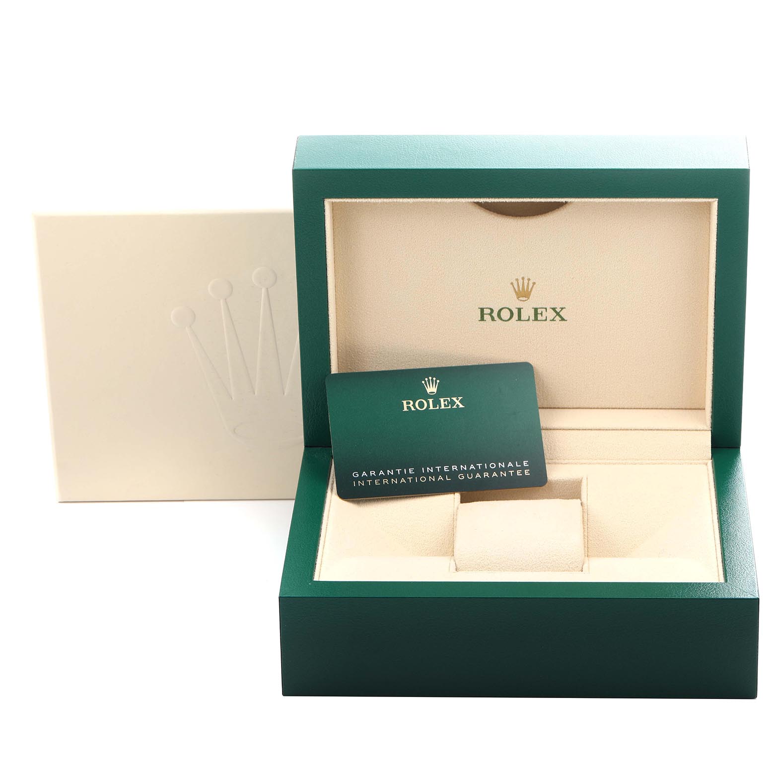 This image shows the open presentation box and guarantee card for a Rolex GMT-Master 126710 Men
s Stainless Steel Black Dial 126710 Men
s Stainless Steel Black Dial watch.