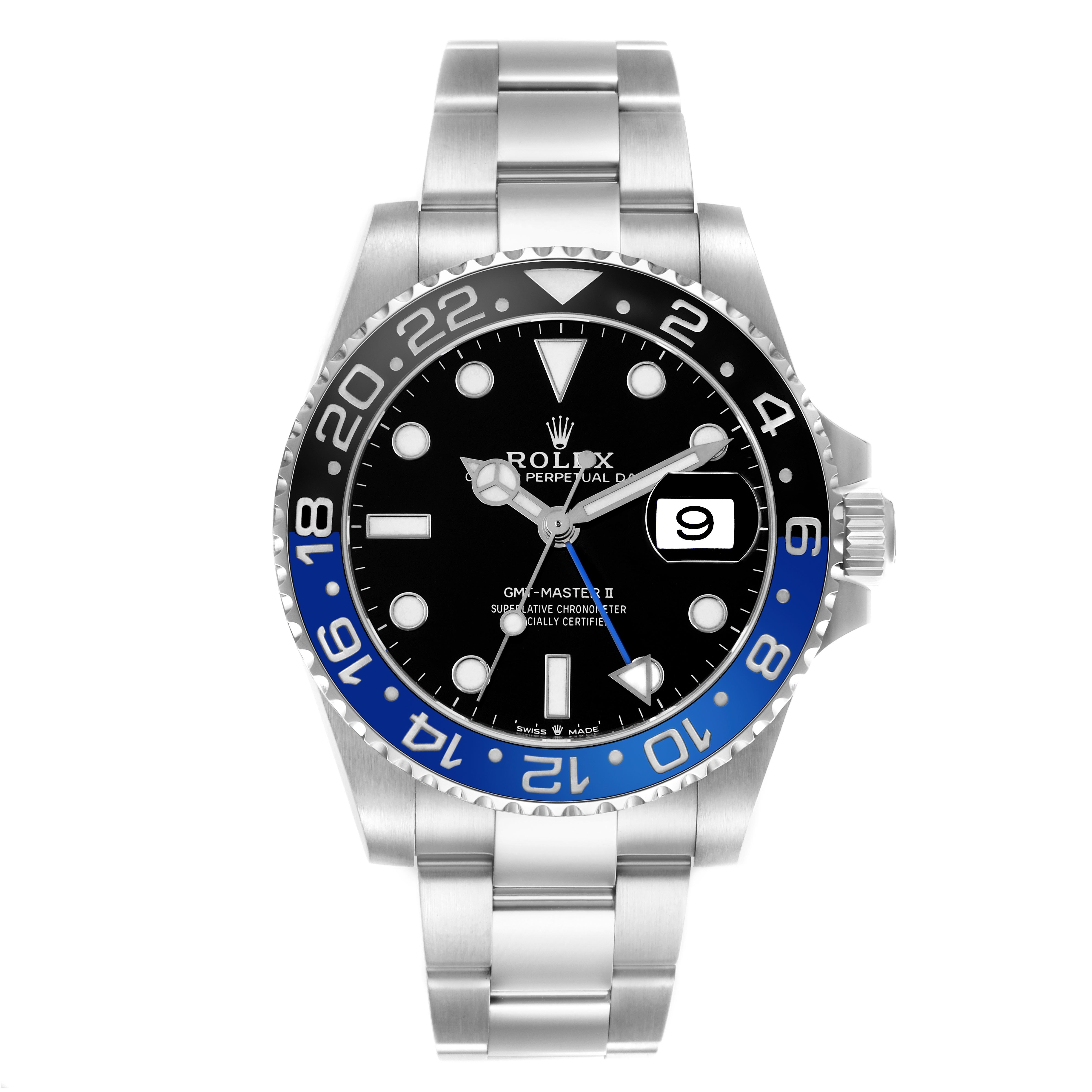 The Rolex GMT-Master 126710 Men
s Stainless Steel Black Dial 126710 Men
s Stainless Steel Black Dial watch is shown from a top-down angle, displaying the bezel, dial, hands, and bracelet.