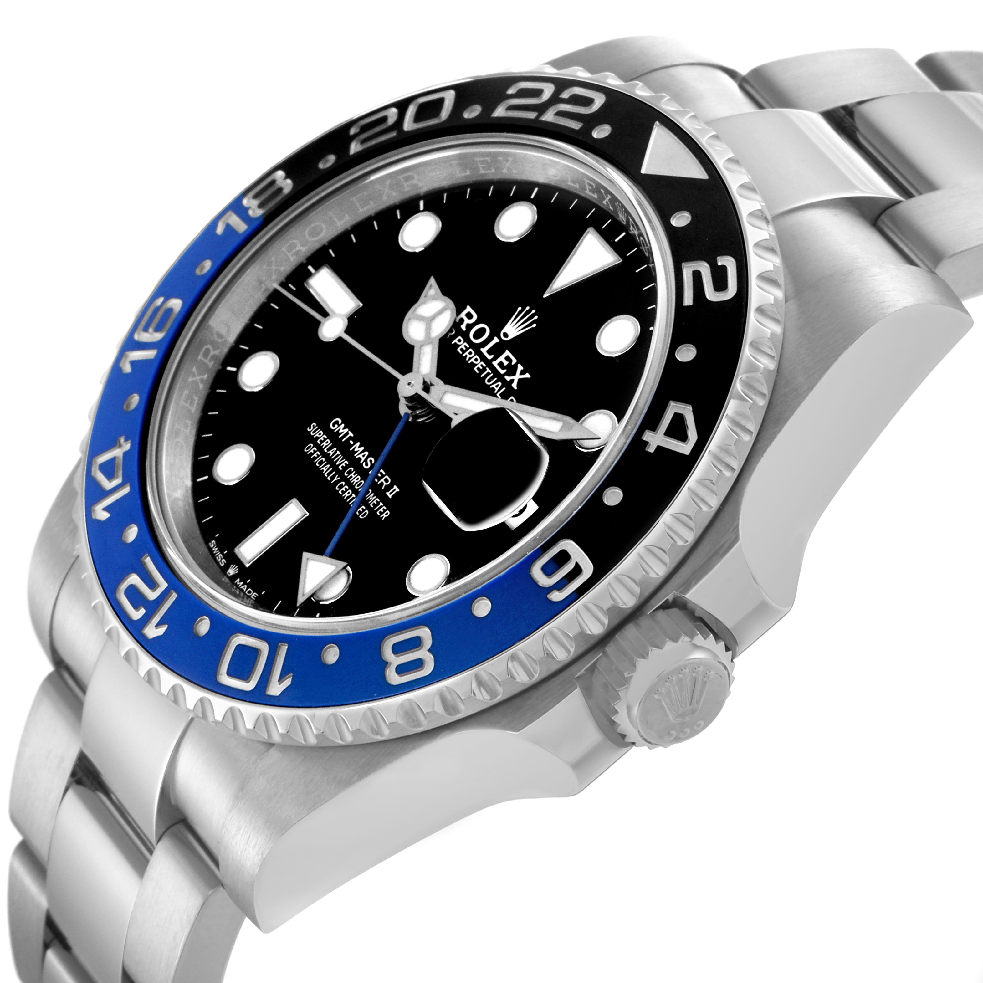 The Rolex GMT-Master 126710 Men
s Stainless Steel Black Dial 126710 Men
s Stainless Steel Black Dial watch is shown at a three-quarter angle, highlighting the bezel, crown, and part of the bracelet.