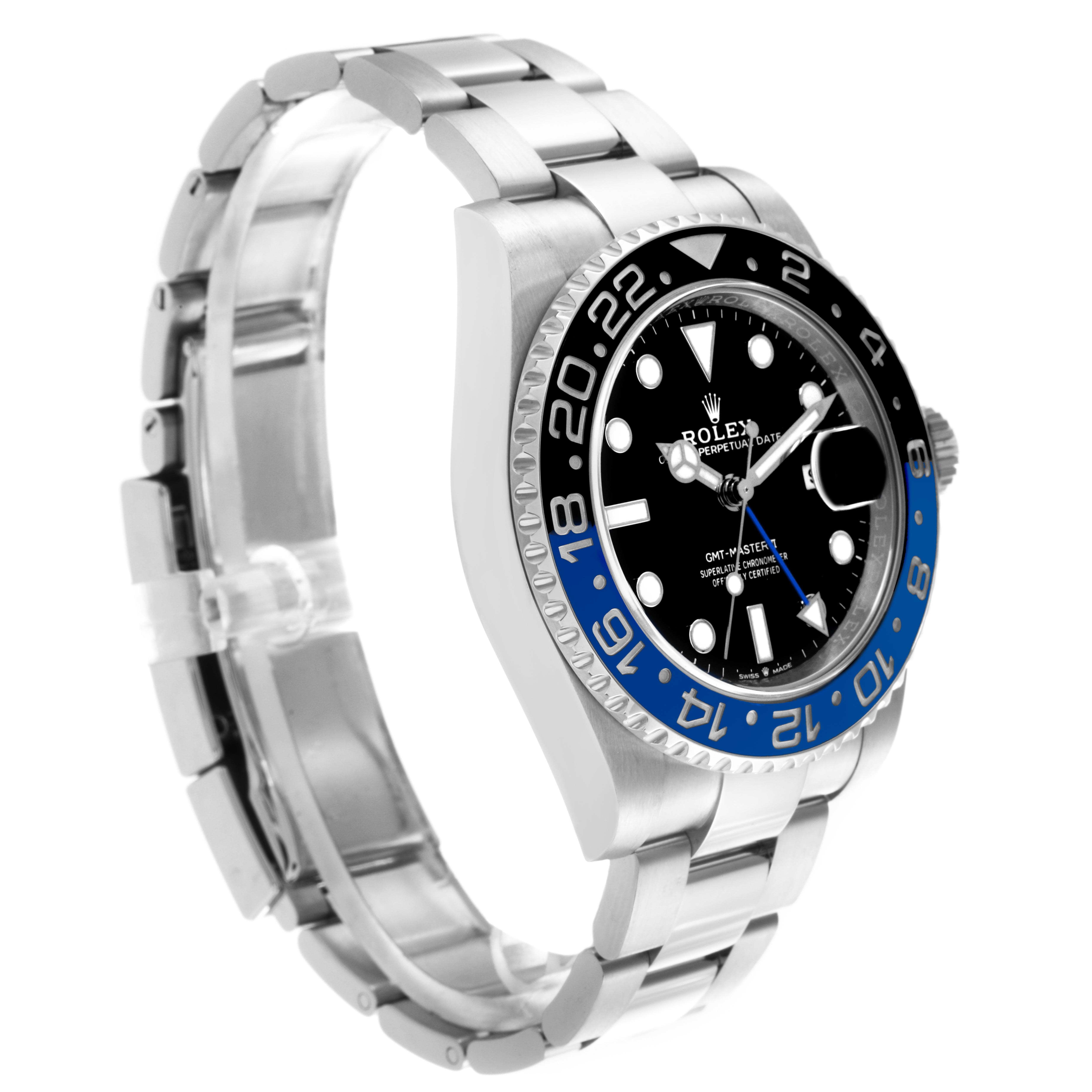 The image shows a Rolex GMT-Master 126710 Men
s Stainless Steel Black Dial 126710 Men
s Stainless Steel Black Dial watch from a side angle, highlighting the bezel, dial, and bracelet.