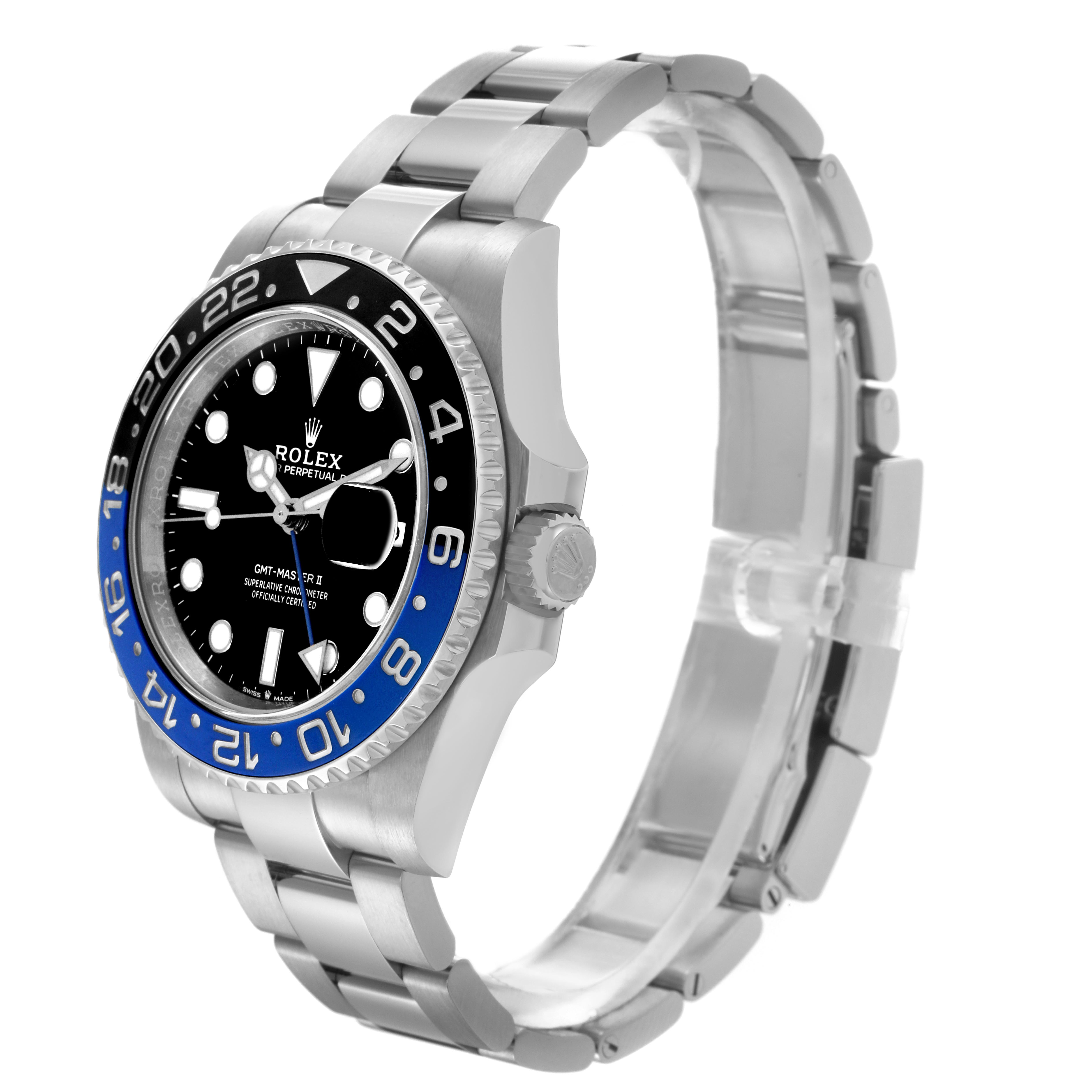 The Rolex GMT-Master 126710 Men
s Stainless Steel Black Dial 126710 Men
s Stainless Steel Black Dial watch is shown at a three-quarter angle, highlighting the bezel, dial, and bracelet.