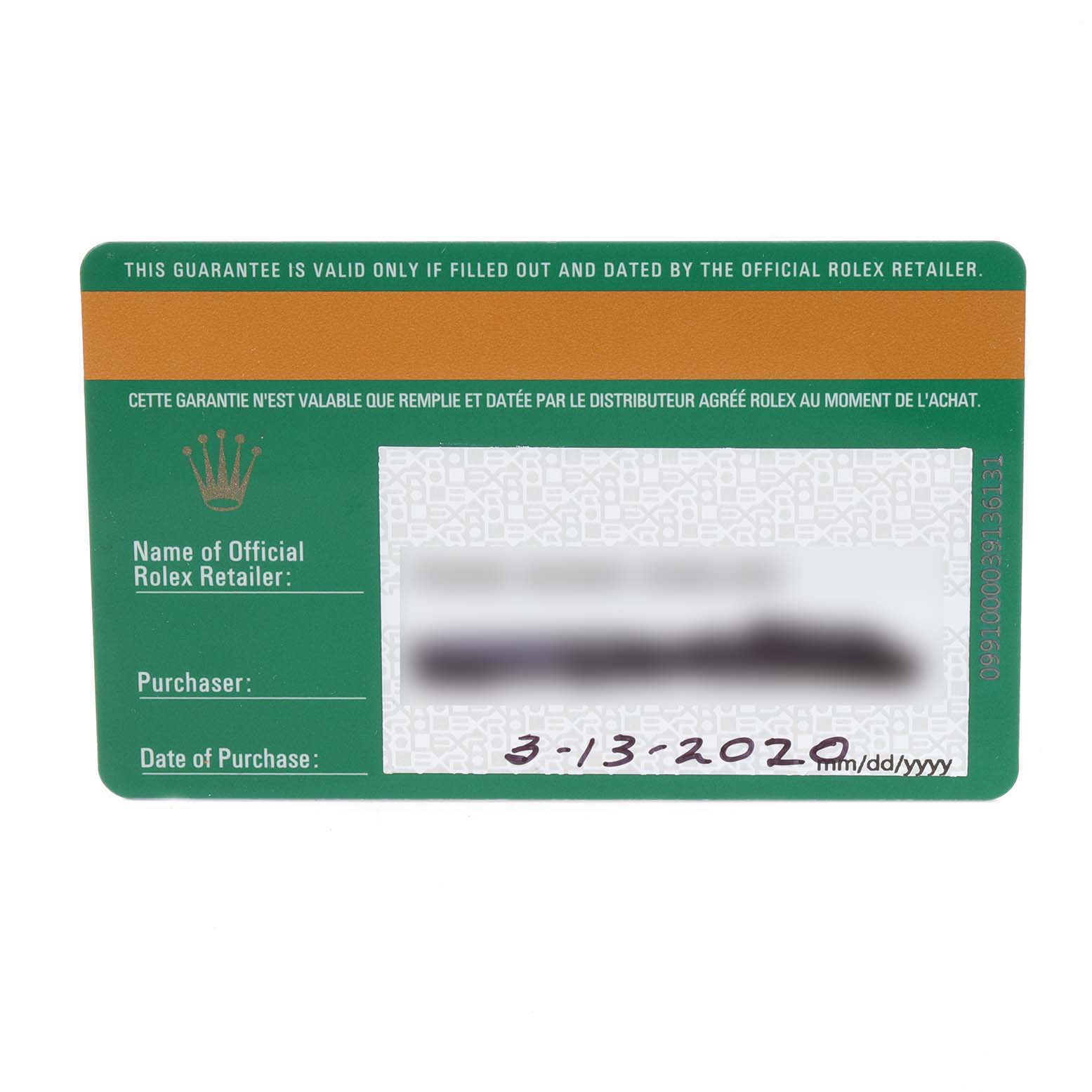 This image shows the front side of the warranty card for a Rolex GMT-Master 126710 Men's Stainless Steel Black Dial 126710 Men's Stainless Steel Black Dial watch.