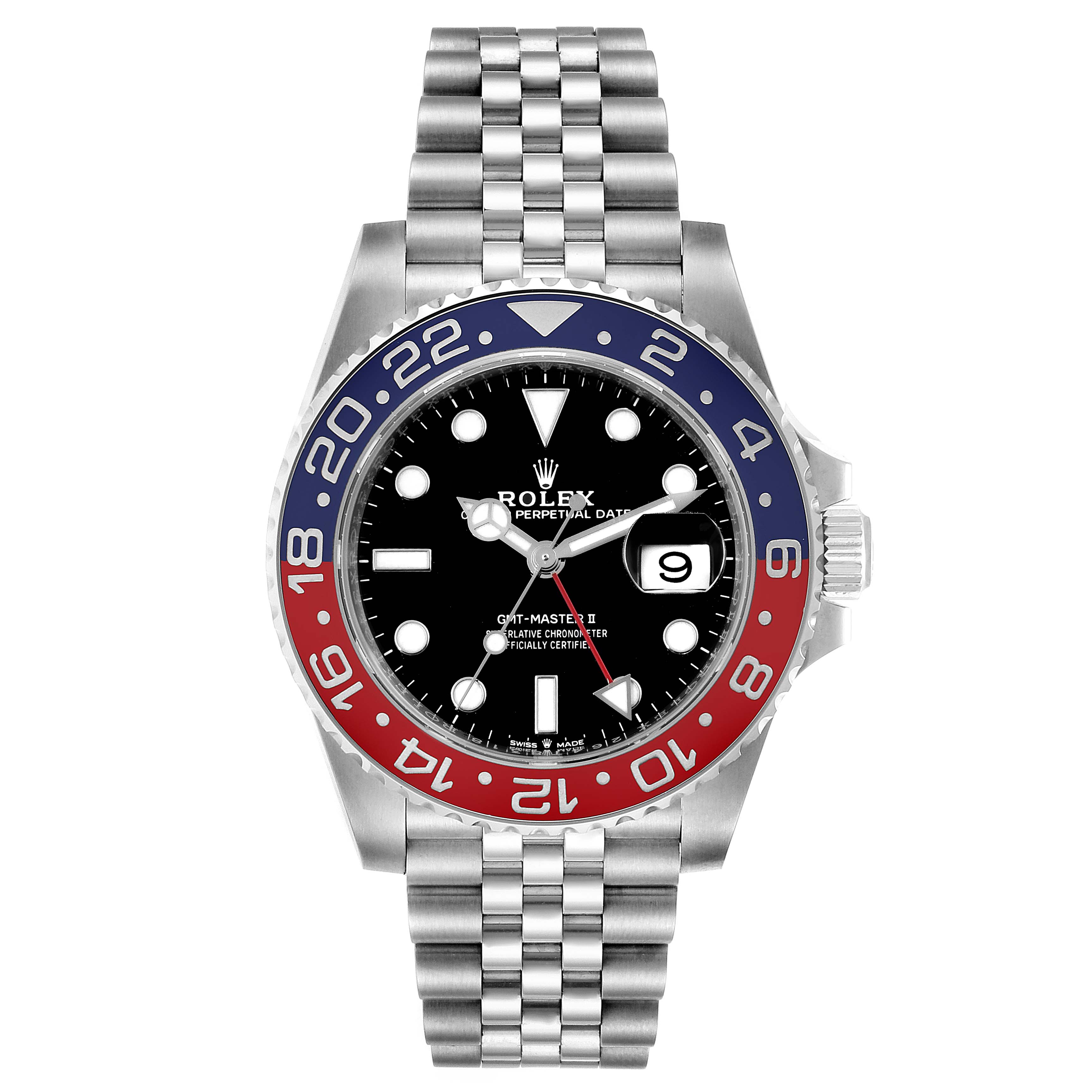 The image shows a frontal view of a Rolex GMT-Master 126710 Men's Stainless Steel Black Dial 126710 Men's Stainless Steel Black Dial watch, highlighting the bezel, dial, hands, and Jubilee bracelet.