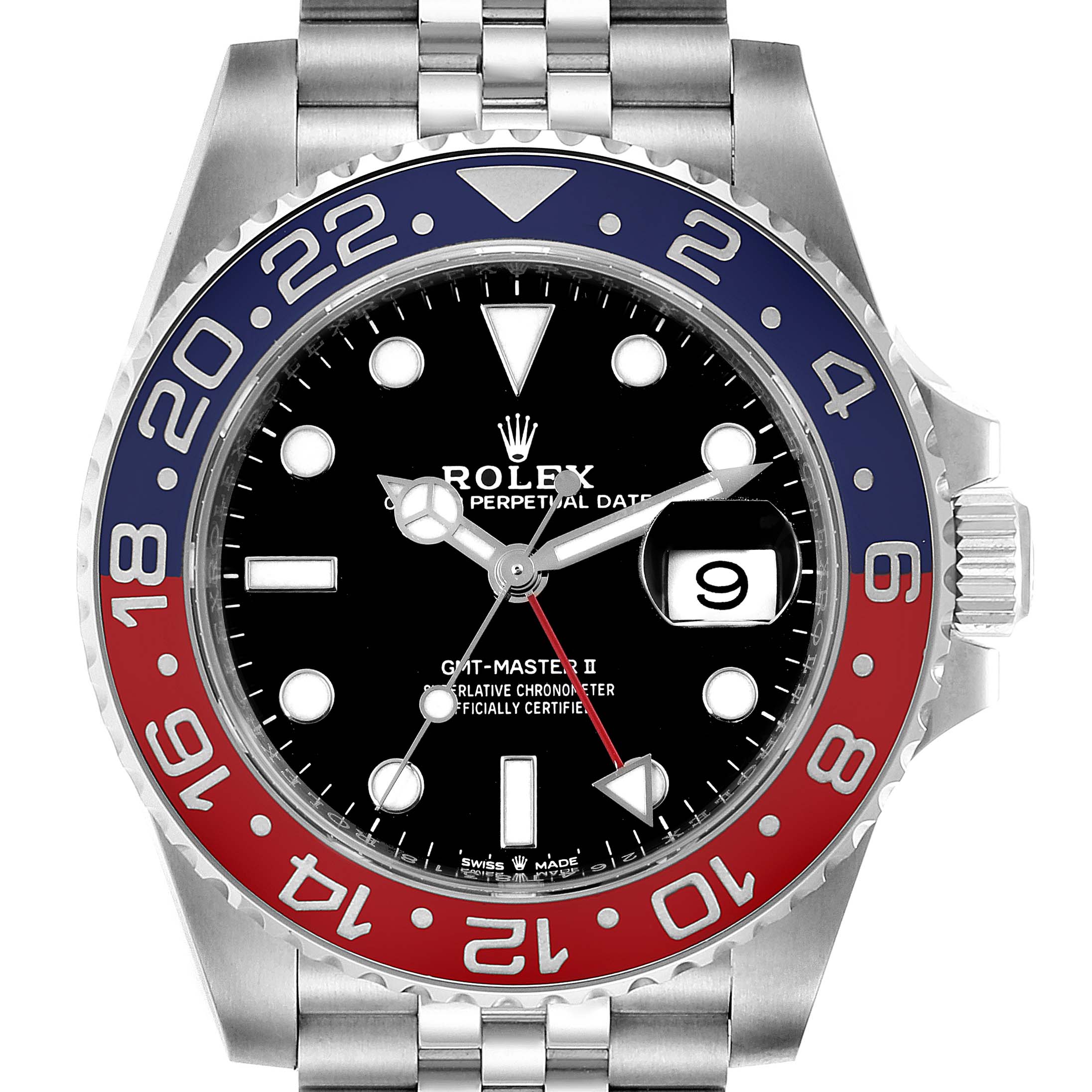 The image shows a front view of a Rolex GMT-Master 126710 Men's Stainless Steel Black Dial 126710 Men's Stainless Steel Black Dial II watch, displaying the dial, bezel, and part of the bracelet.