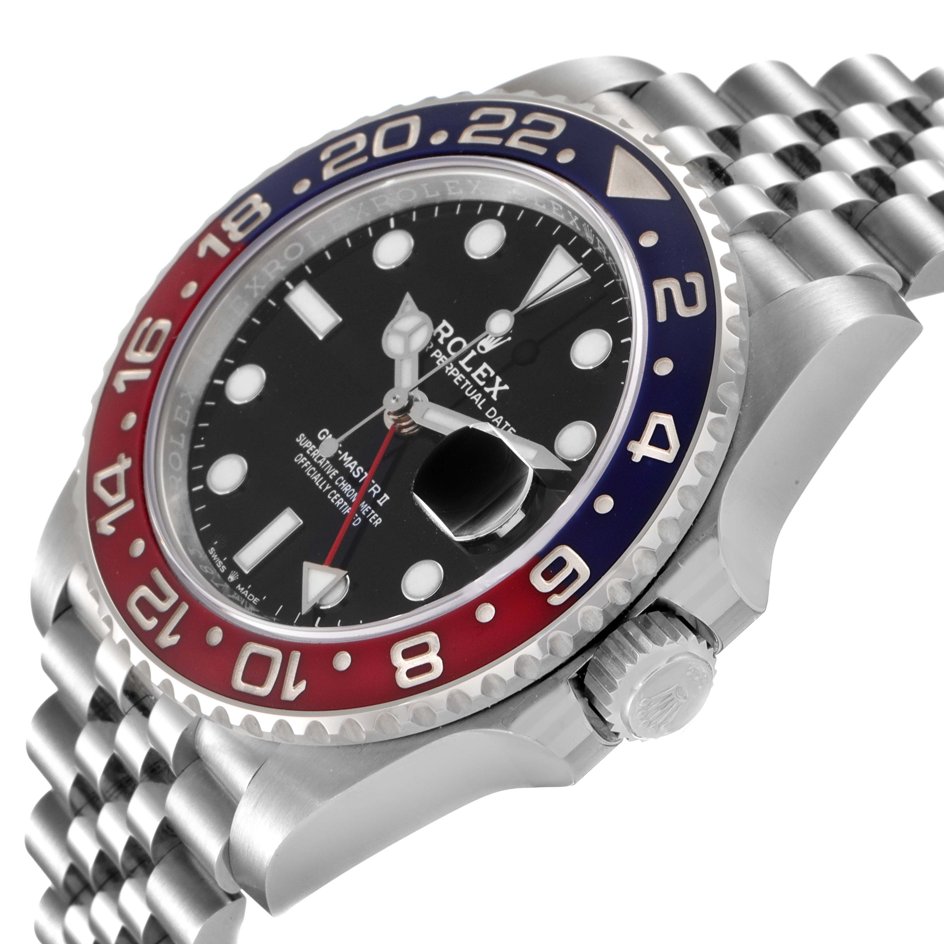 The image shows a side angle of a Rolex GMT-Master 126710 Men's Stainless Steel Black Dial 126710 Men's Stainless Steel Black Dial watch, highlighting the bezel, dial, crown, and part of the bracelet.