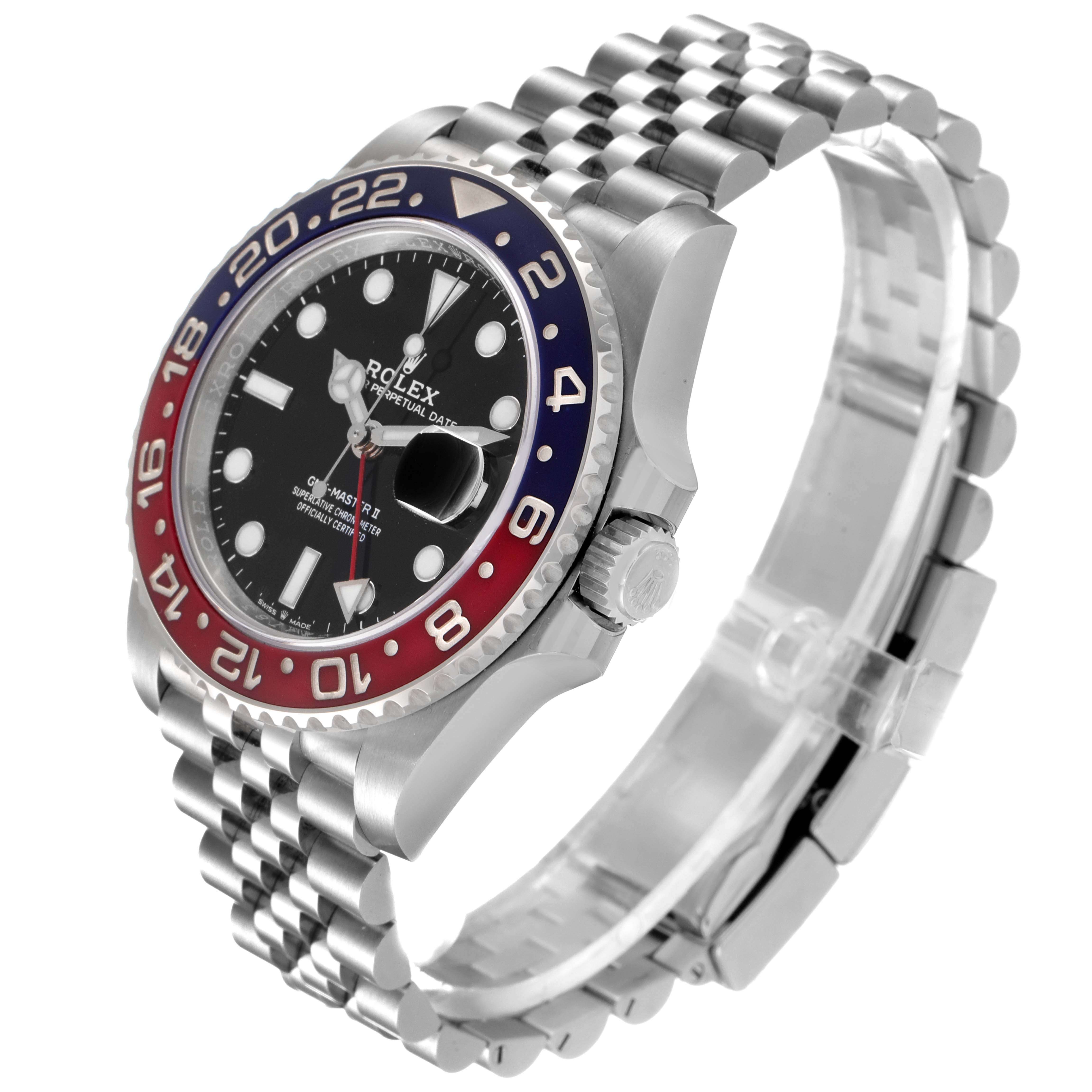 The image shows a side angle of the Rolex GMT-Master 126710 Men's Stainless Steel Black Dial 126710 Men's Stainless Steel Black Dial watch, displaying its bezel, dial, crown, and jubilee bracelet.