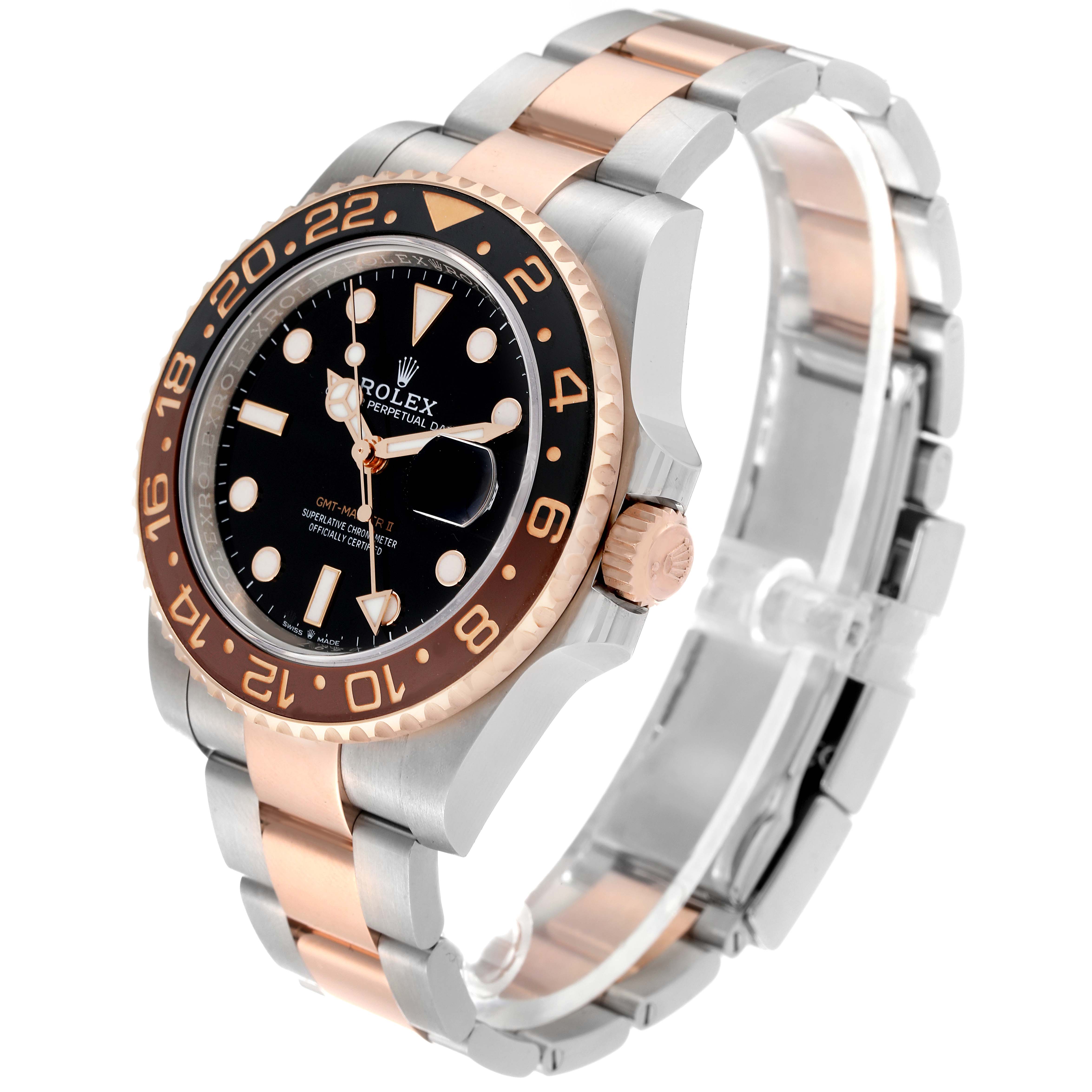 The image shows a Rolex GMT-Master 126711CHNR Men's Steel and Gold (two tone) Black Dial 126711CHNR Men's Steel and Gold (two tone) Black Dial watch at a side-angle view, highlighting its two-tone metal bracelet, black dial, and bezel with a 24-hour scale.