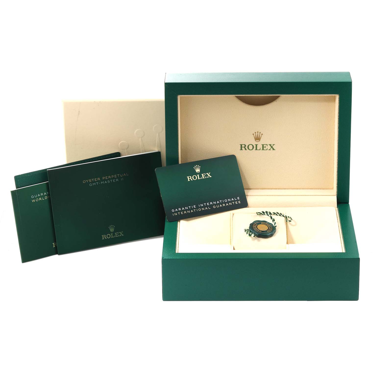 The image shows the packaging, manuals, guarantee card, and box of a Rolex GMT-Master 126711CHNR Men's Steel and Gold (two tone) Black Dial 126711CHNR Men's Steel and Gold (two tone) Black Dial watch, no watch is visible.