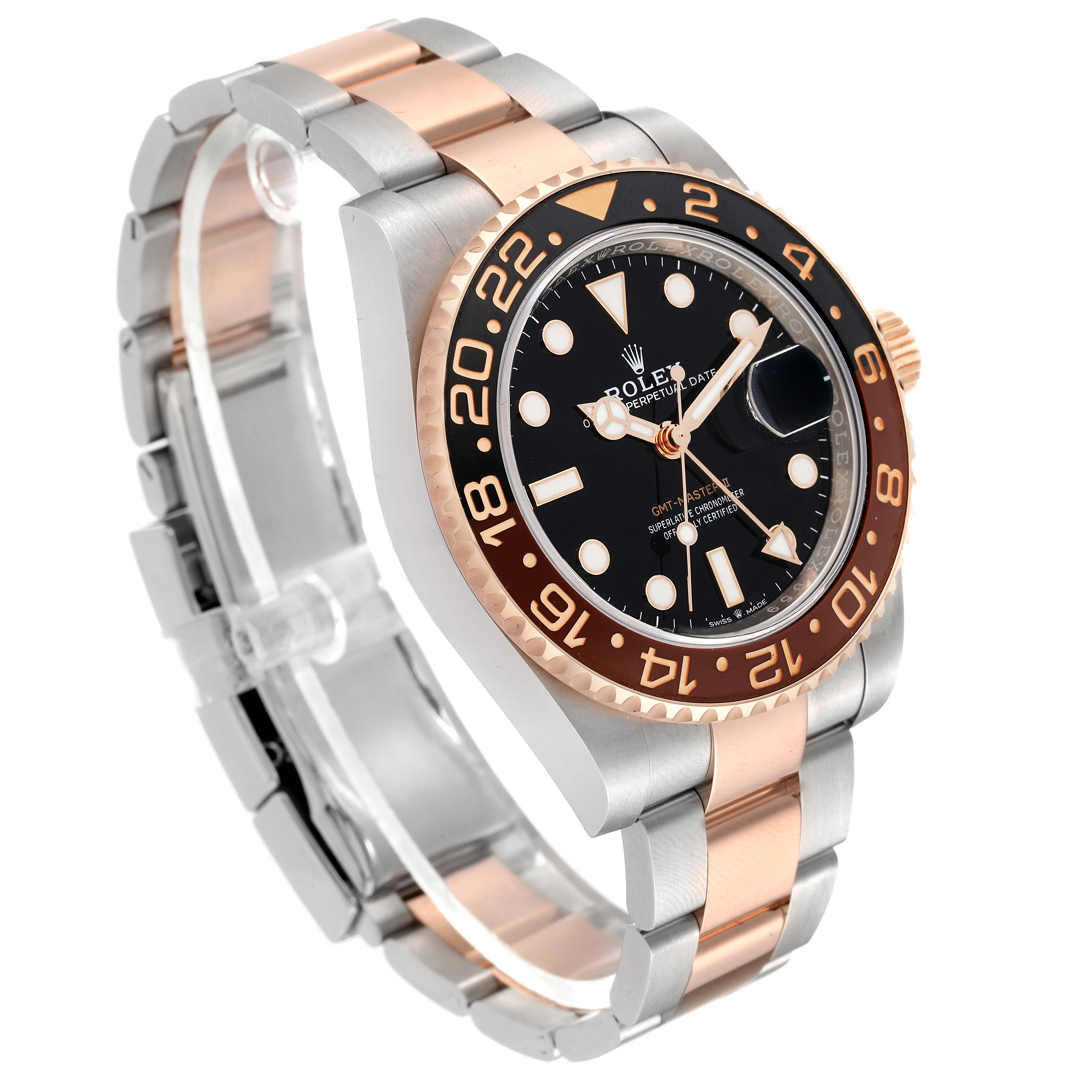 The Rolex GMT-Master 126711CHNR Men's Steel and Gold (two tone) Black Dial 126711CHNR Men's Steel and Gold (two tone) Black Dial watch is shown at a three-quarter angle, highlighting its two-tone bezel, black dial, and jubilee bracelet.