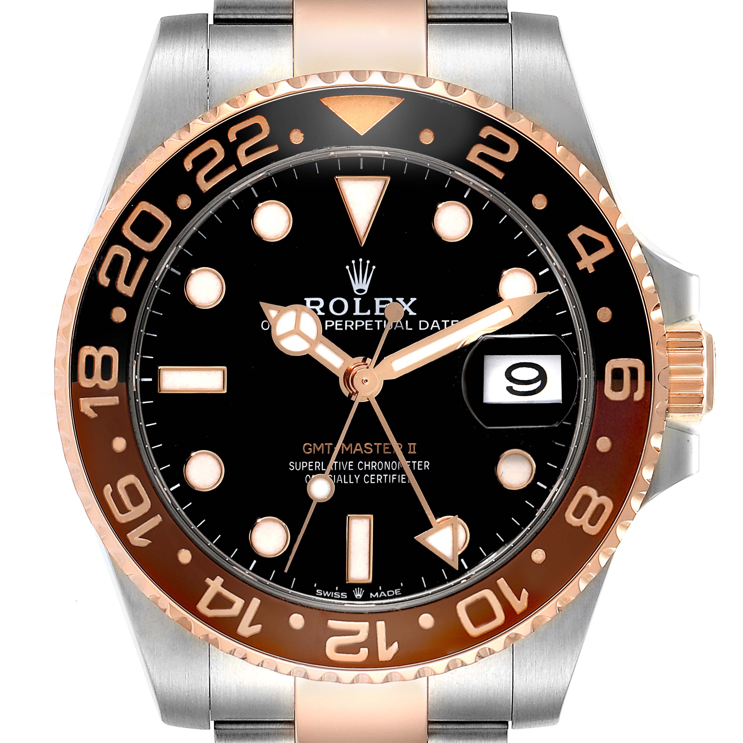 The Rolex GMT-Master 126711CHNR Men's Steel and Gold (two tone) Black Dial 126711CHNR Men's Steel and Gold (two tone) Black Dial II watch is shown from a front angle, displaying its dial, bezel, date window, and part of its bracelet.