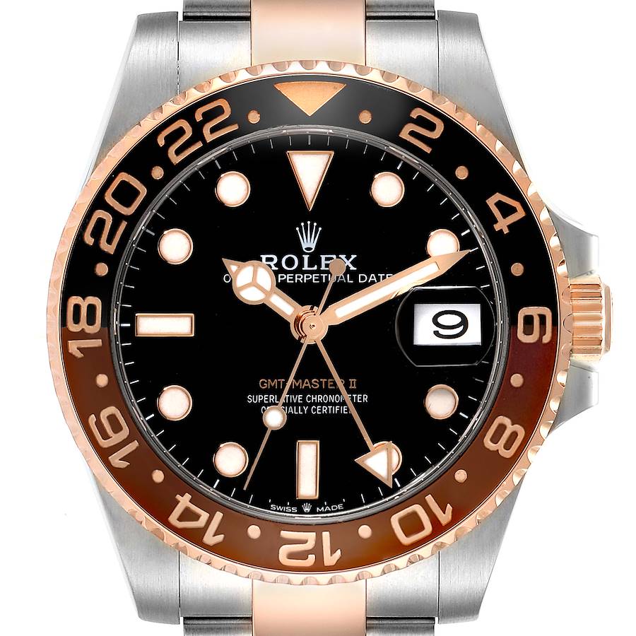 The Rolex GMT-Master II watch is shown from a front angle, displaying its dial, bezel, date window, and part of its bracelet.