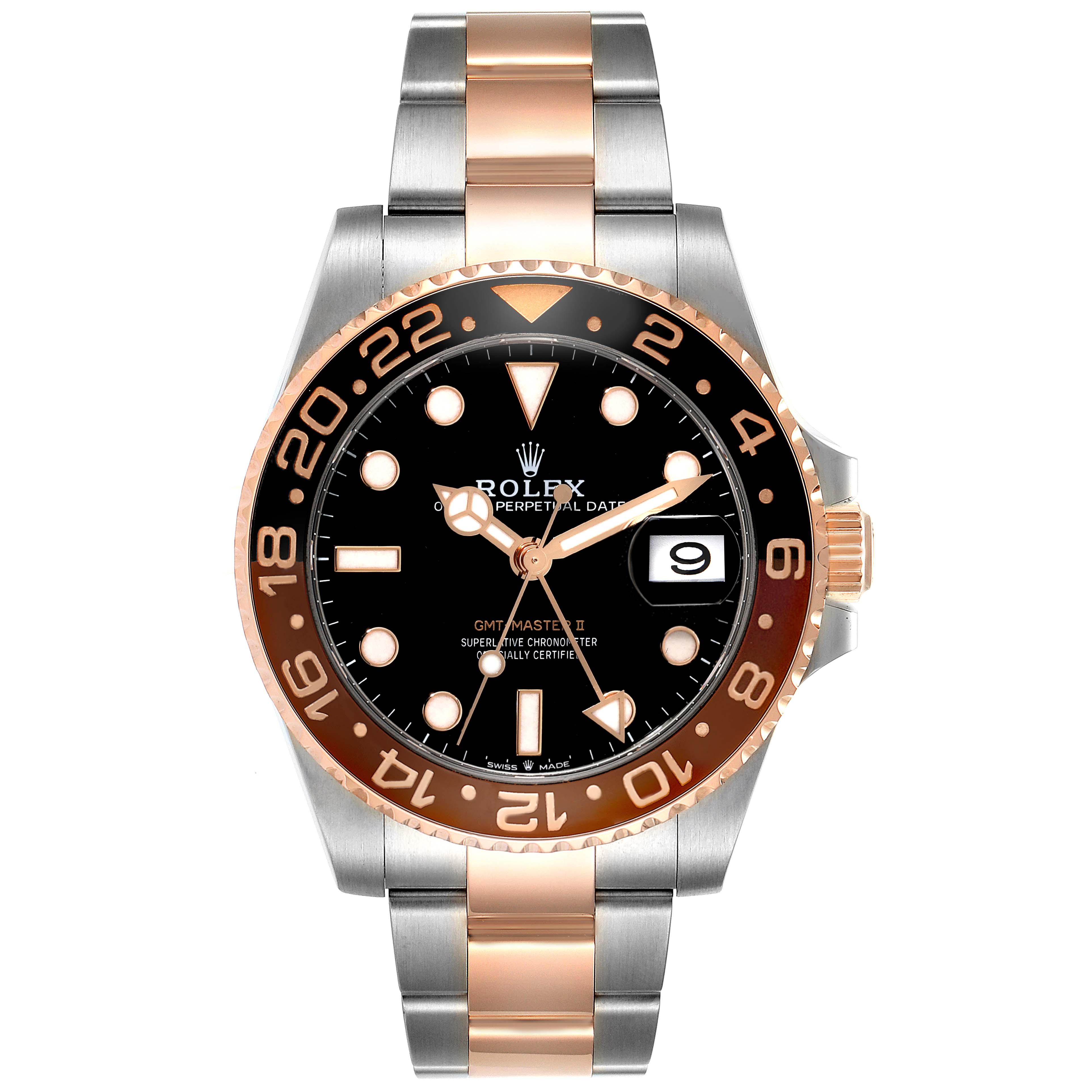 This image shows a front view of a Rolex GMT-Master 126711CHNR Men's Steel and Gold (two tone) Black Dial 126711CHNR Men's Steel and Gold (two tone) Black Dial II watch displaying the dial, bezel, and two-tone bracelet.
