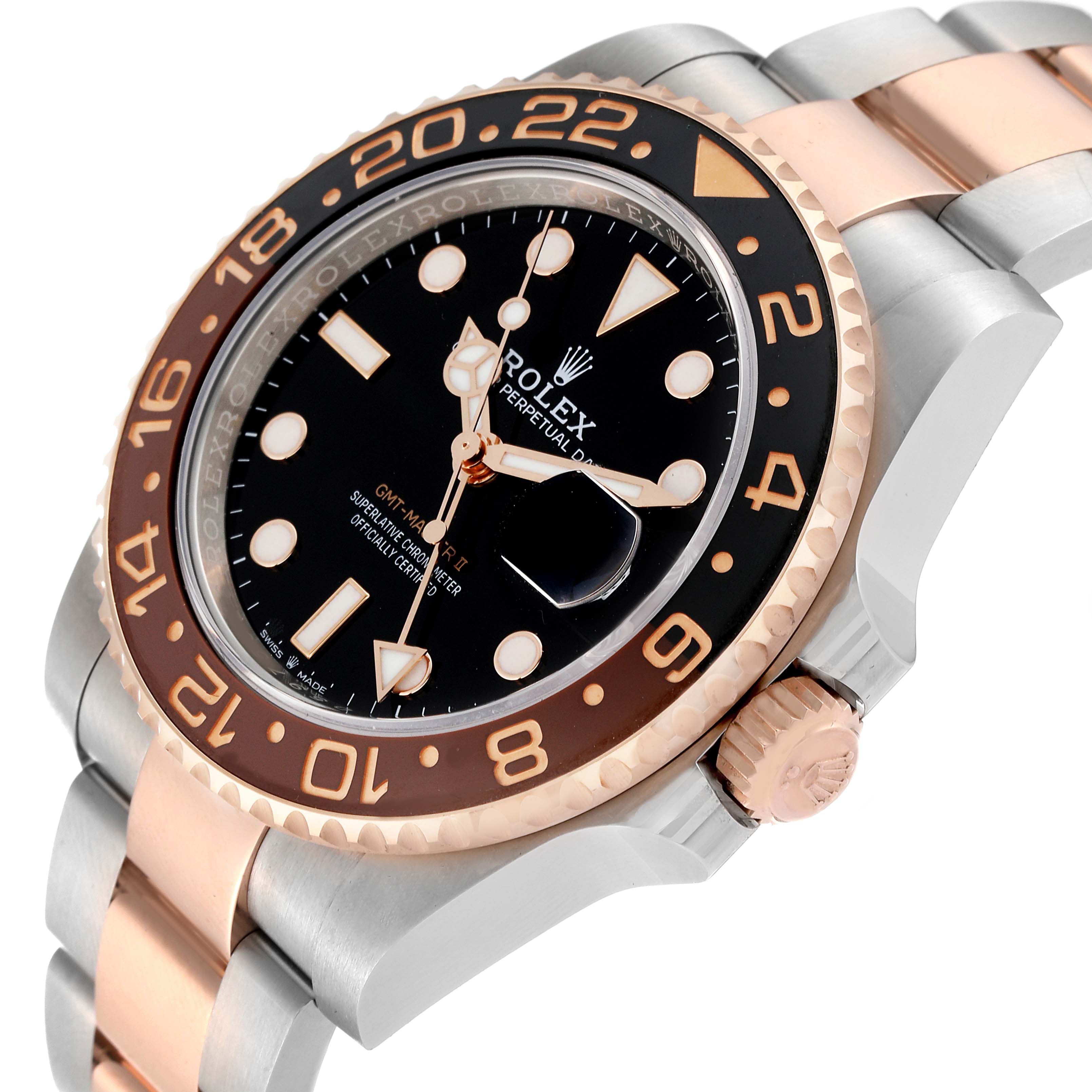 This angled view of the Rolex GMT-Master 126711CHNR Men's Steel and Gold (two tone) Black Dial 126711CHNR Men's Steel and Gold (two tone) Black Dial features the bezel, dial, crown, and part of the bracelet.