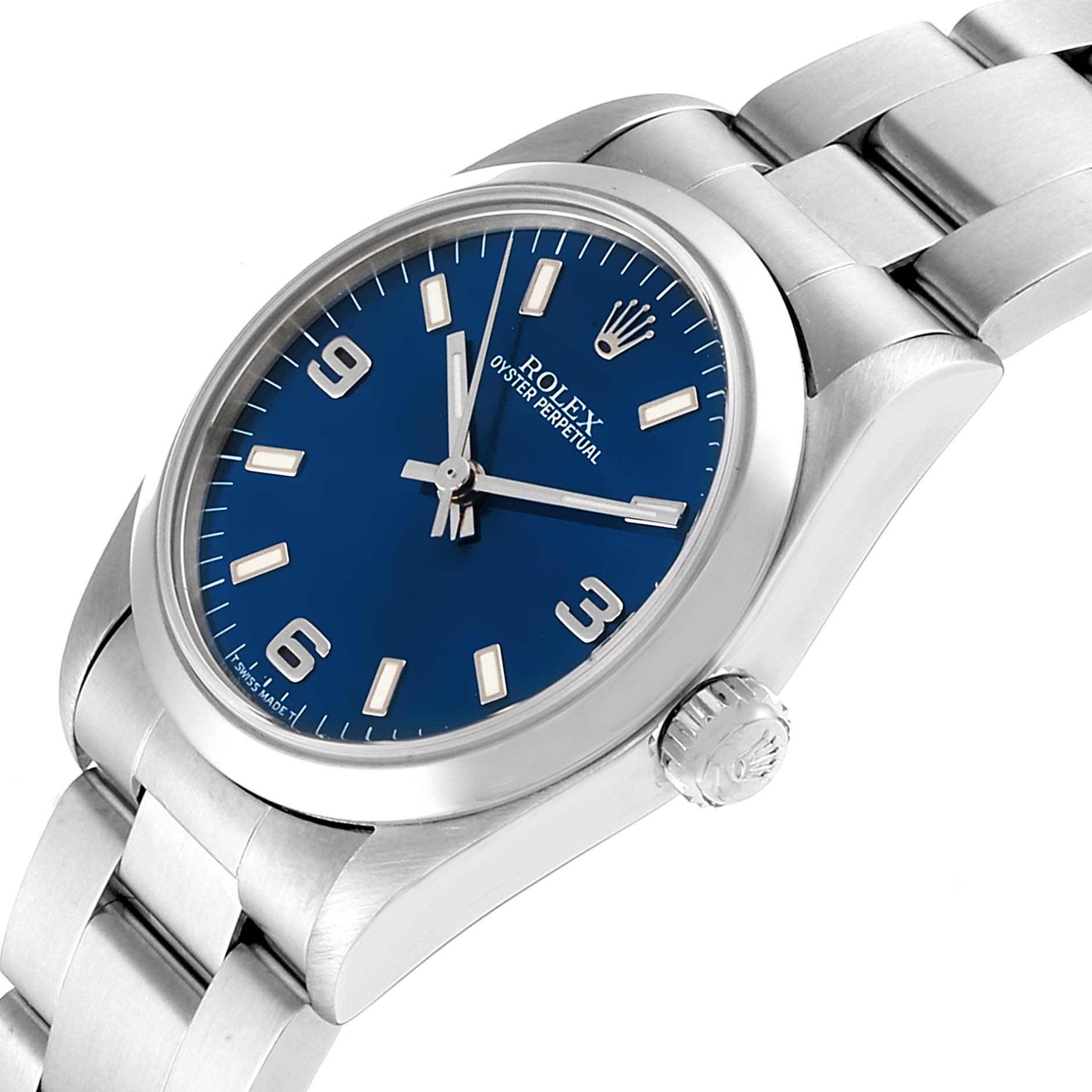 This Mid-Size Rolex watch is shown at an angled view, highlighting the blue dial, crown, and stainless steel bracelet.