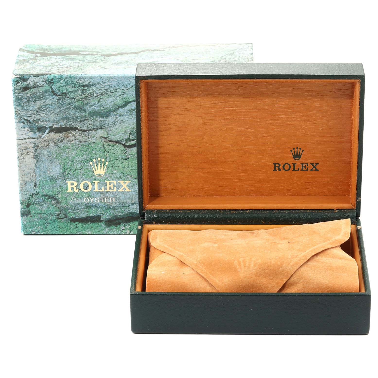 The image shows a Rolex Oyster watch box and a suede pouch within it, seen from a front angle.