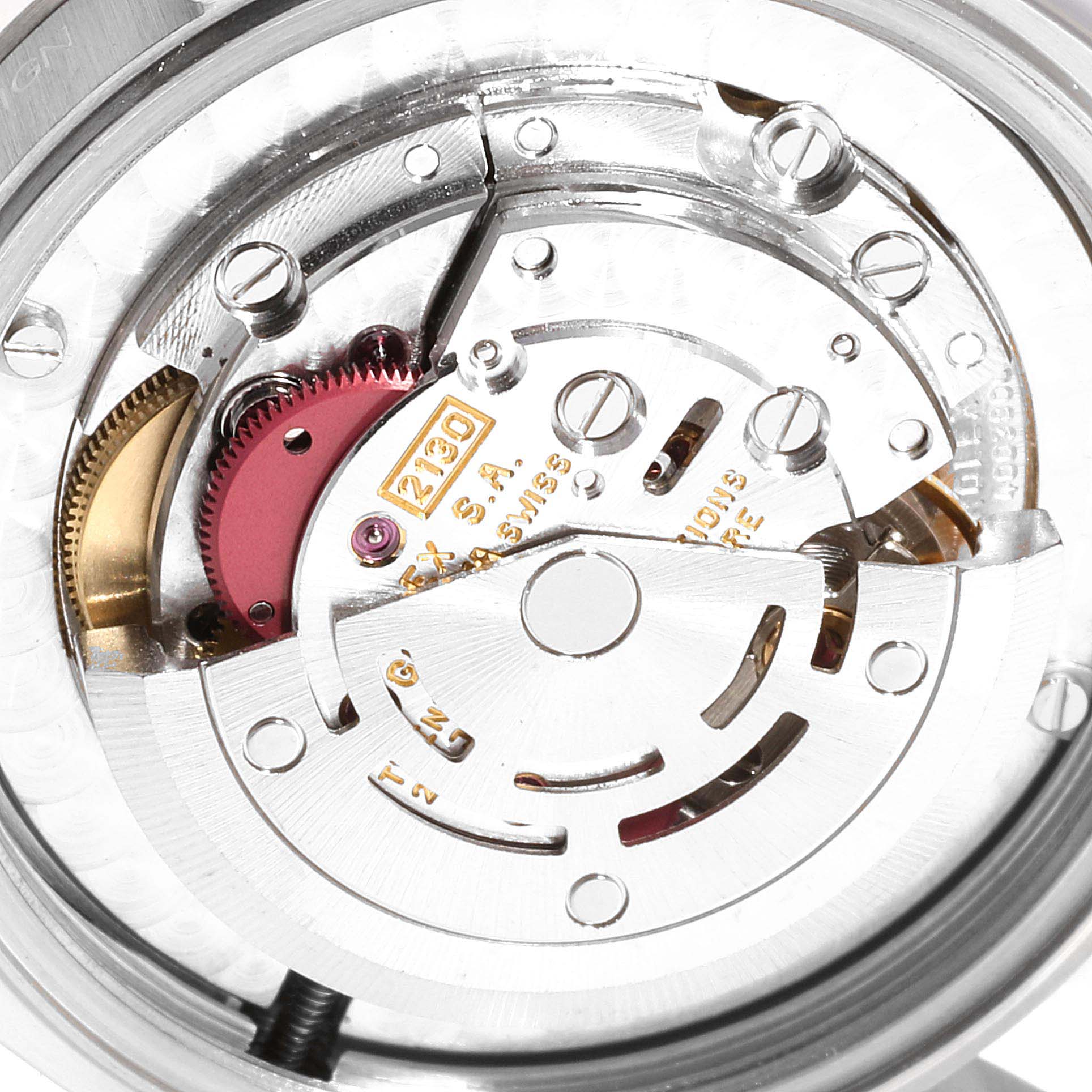 This image shows the intricate internal movement of a Rolex Mid-Size 67480 Women
s Stainless Steel Blue Dial 67480 Women
s Stainless Steel Blue Dial model watch from a close-up angle.