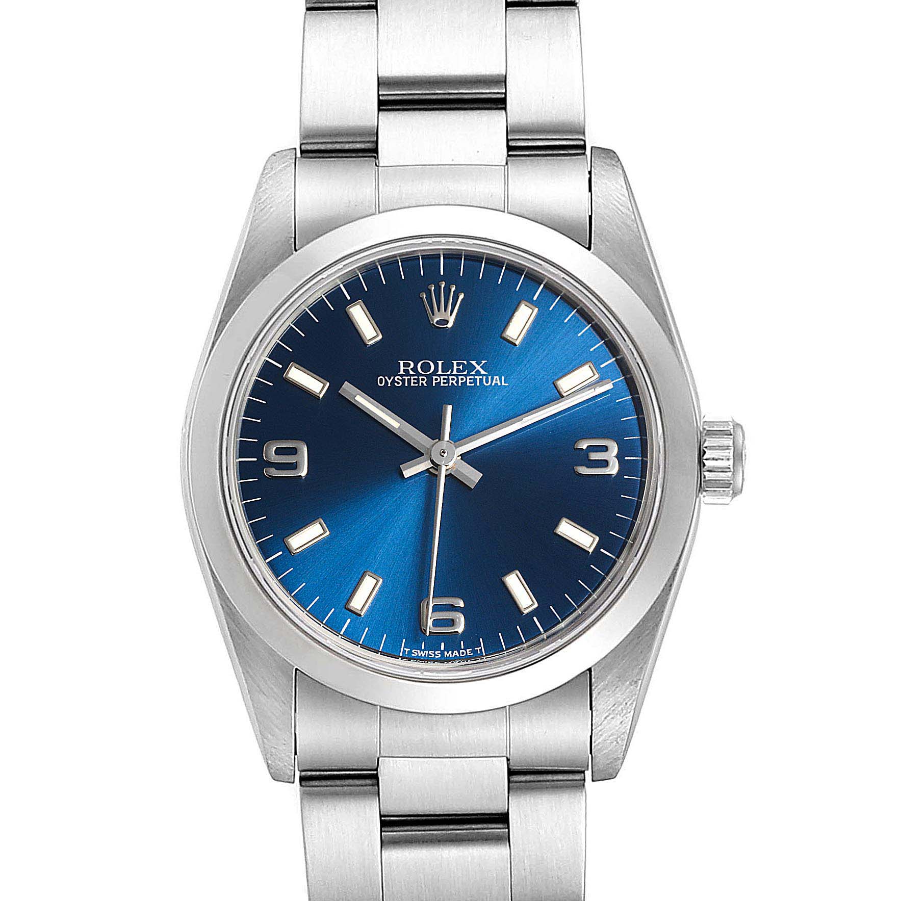 This image shows a front view of the Rolex Mid-Size 67480 Women
s Stainless Steel Blue Dial 67480 Women
s Stainless Steel Blue Dial Oyster Perpetual watch, highlighting its dial, bezel, crown, and bracelet.