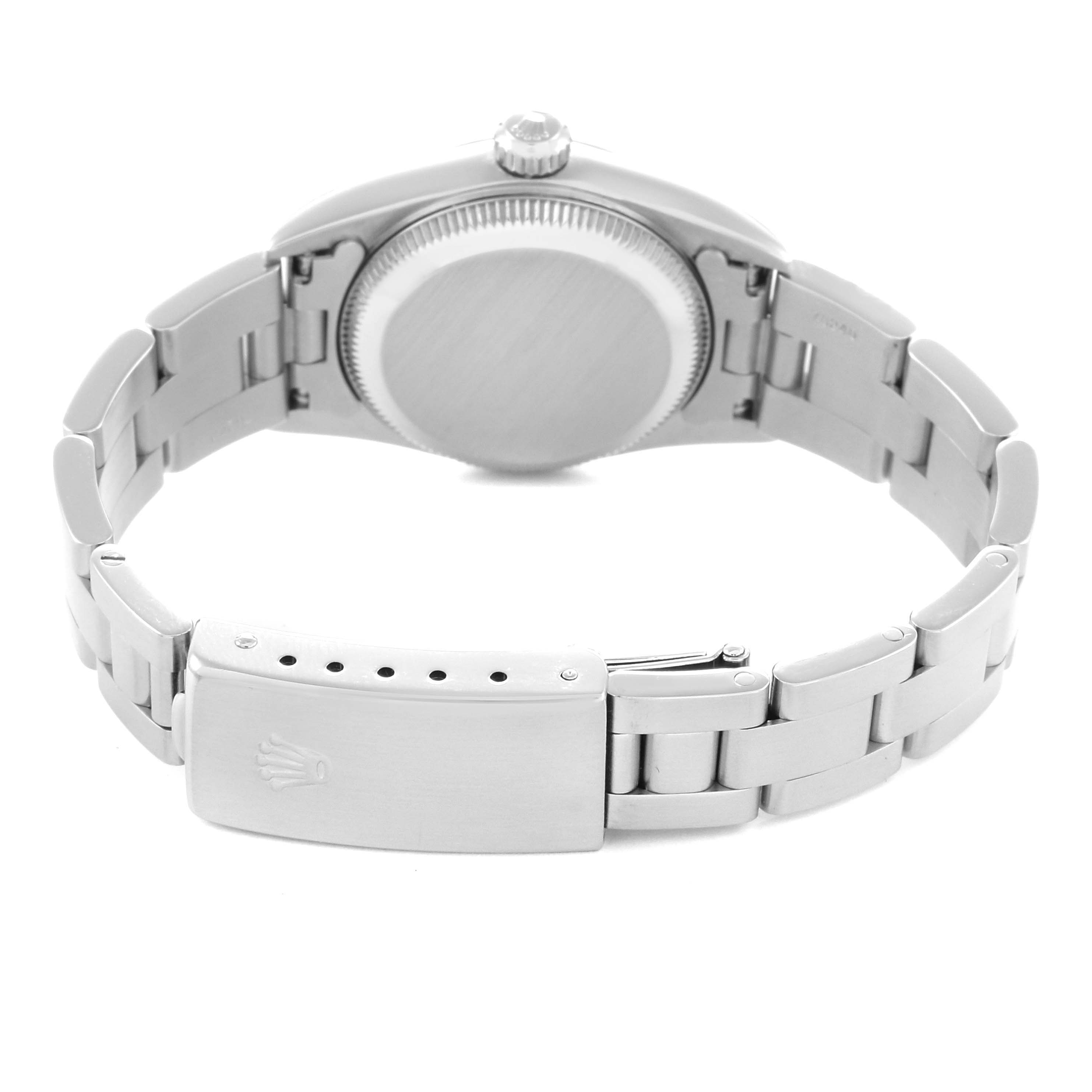 The Rolex Oyster Perpetual 76080 Women
s Stainless Steel Black Dial 76080 Women
s Stainless Steel Black Dial is shown from the back, highlighting the bracelet, clasp, and case back.