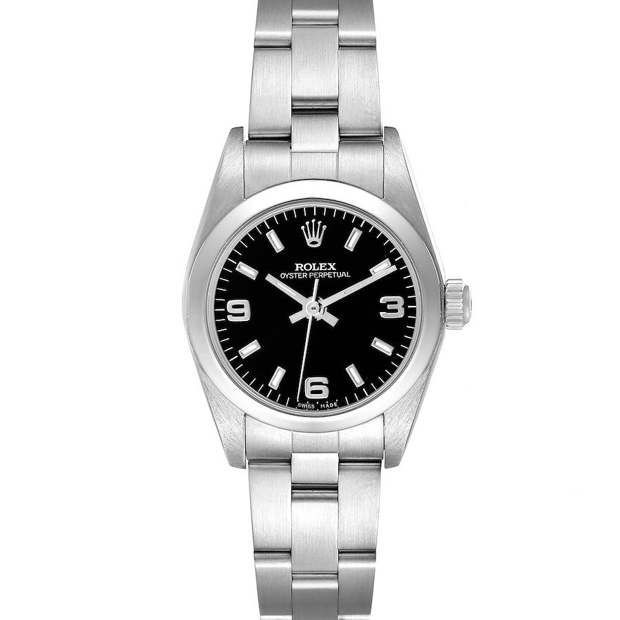 The Rolex Oyster Perpetual watch is shown from a front angle, displaying its black dial, silver indices, and stainless steel bracelet.