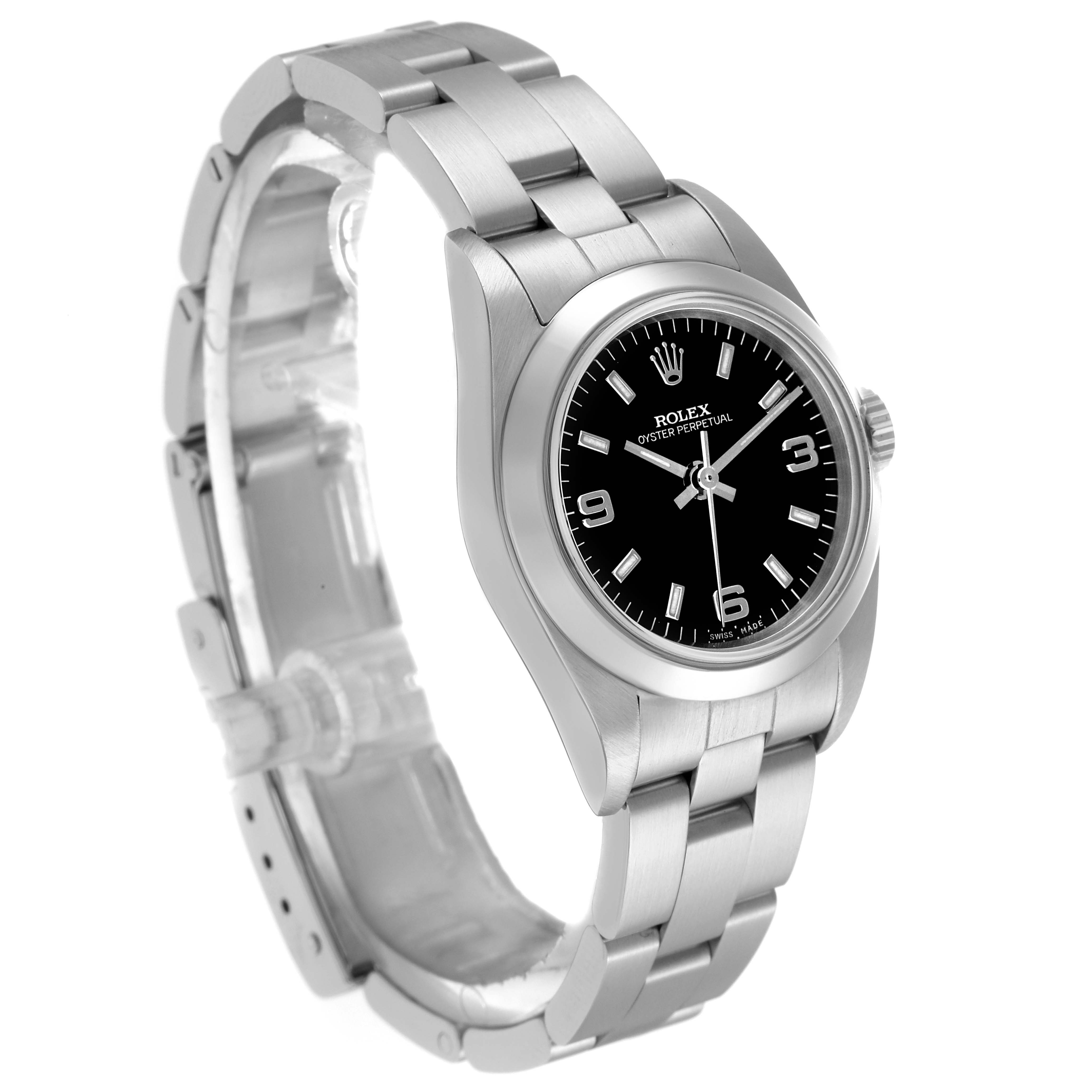 The Rolex Oyster Perpetual 76080 Women
s Stainless Steel Black Dial 76080 Women
s Stainless Steel Black Dial watch is shown at a three-quarter angle, highlighting its face, bezel, and metal bracelet.