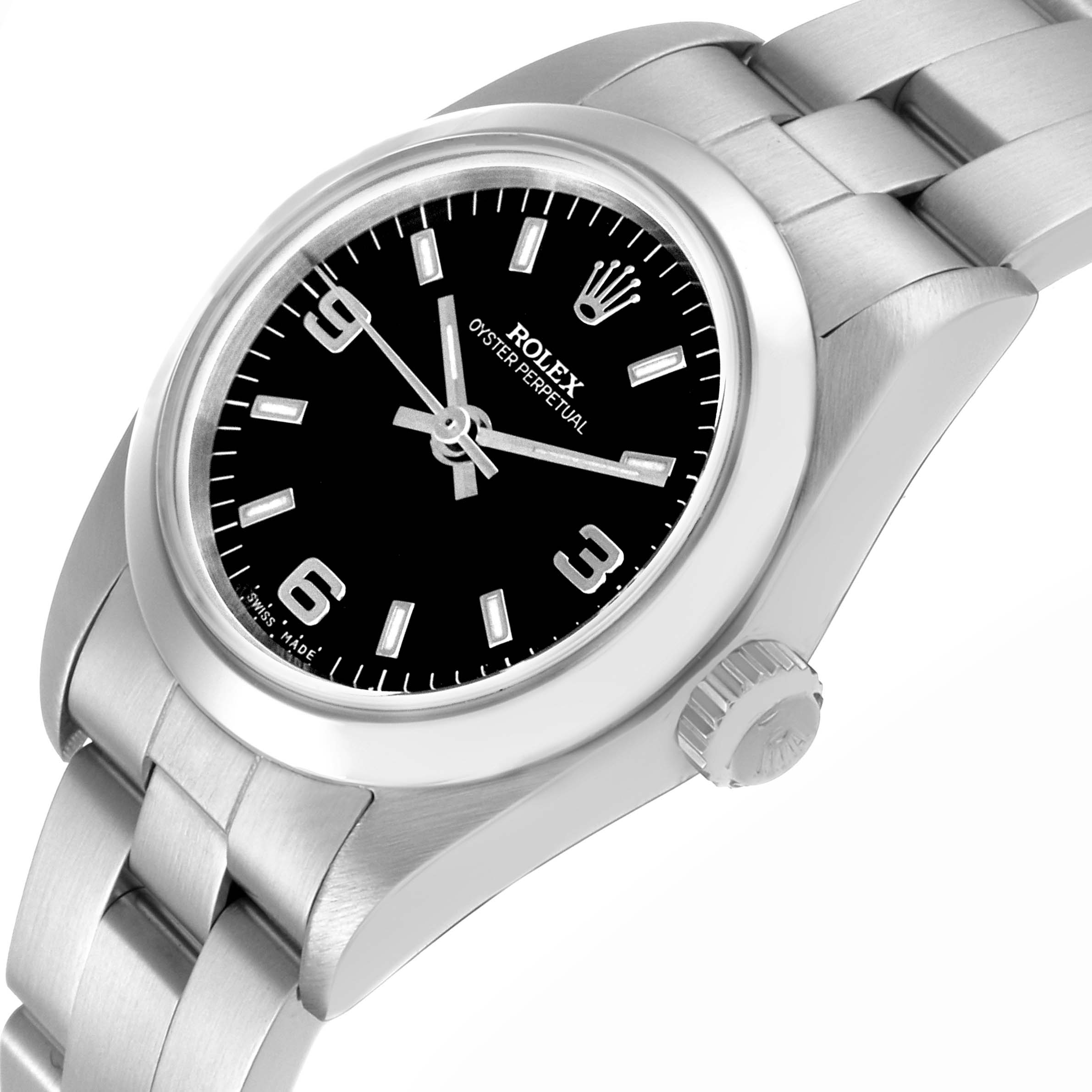 The image shows a side angle of the Rolex Oyster Perpetual 76080 Women
s Stainless Steel Black Dial 76080 Women
s Stainless Steel Black Dial watch, highlighting its dial, bezel, crown, and bracelet links.