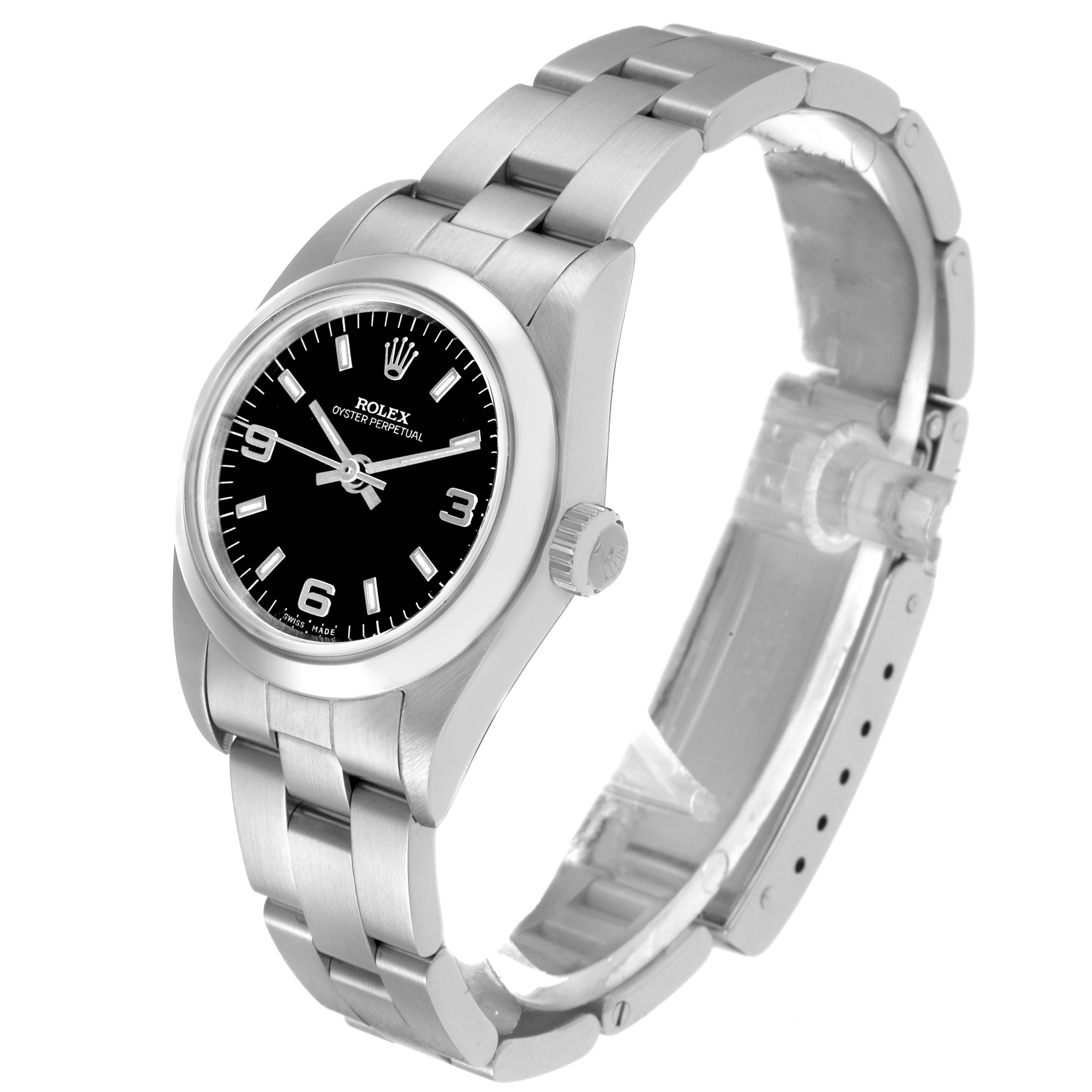 The Rolex Oyster Perpetual 76080 Women
s Stainless Steel Black Dial 76080 Women
s Stainless Steel Black Dial watch is shown at a slight angle, displaying the face, bezel, and part of the bracelet.