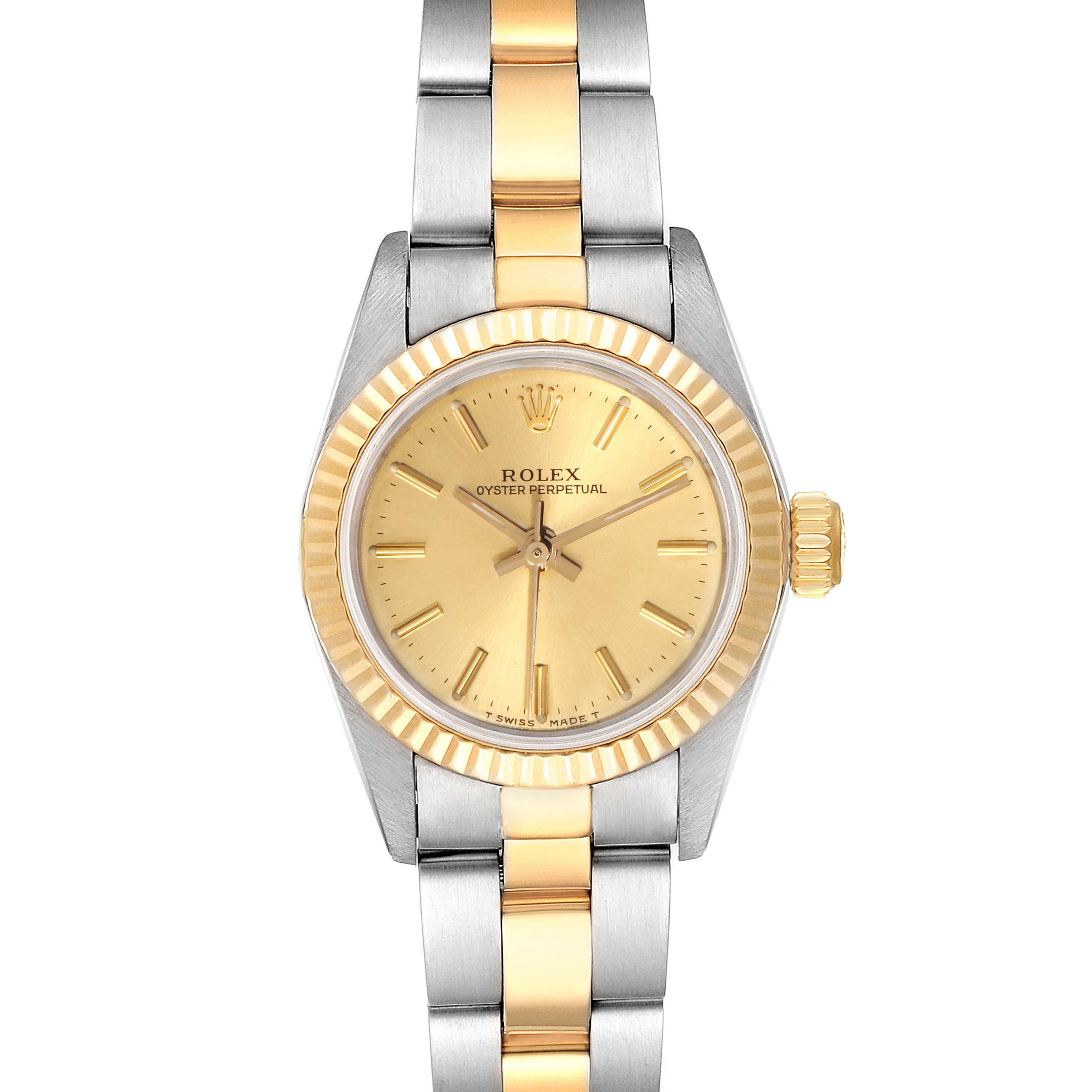 This is a front view of a Rolex Oyster Perpetual 67193 Women
s Steel and Gold (two tone) Champagne Dial 67193 Women
s Steel and Gold (two tone) Champagne Dial watch featuring a two-tone metal bracelet and a gold face.