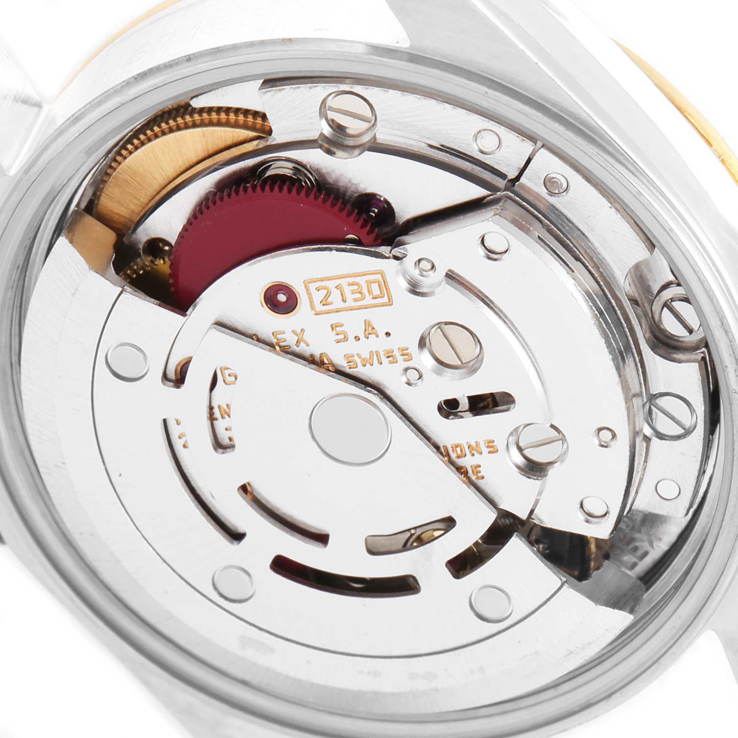 The image shows the movement and internal mechanism of a Rolex Oyster Perpetual 67193 Women
s Steel and Gold (two tone) Champagne Dial 67193 Women
s Steel and Gold (two tone) Champagne Dial watch viewed from the back.