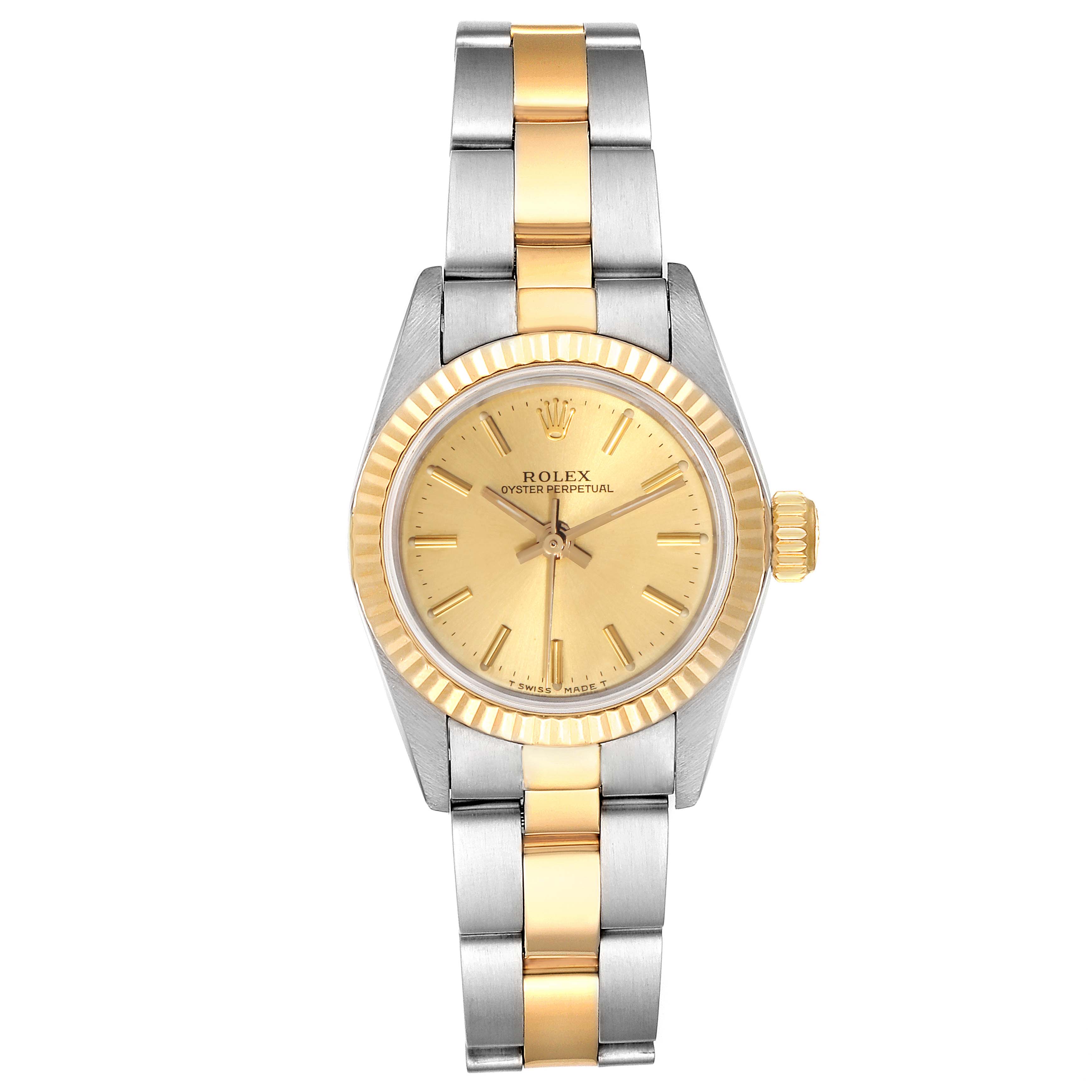This image shows a front view of a Rolex Oyster Perpetual 67193 Women
s Steel and Gold (two tone) Champagne Dial 67193 Women
s Steel and Gold (two tone) Champagne Dial watch with a gold and silver bracelet.