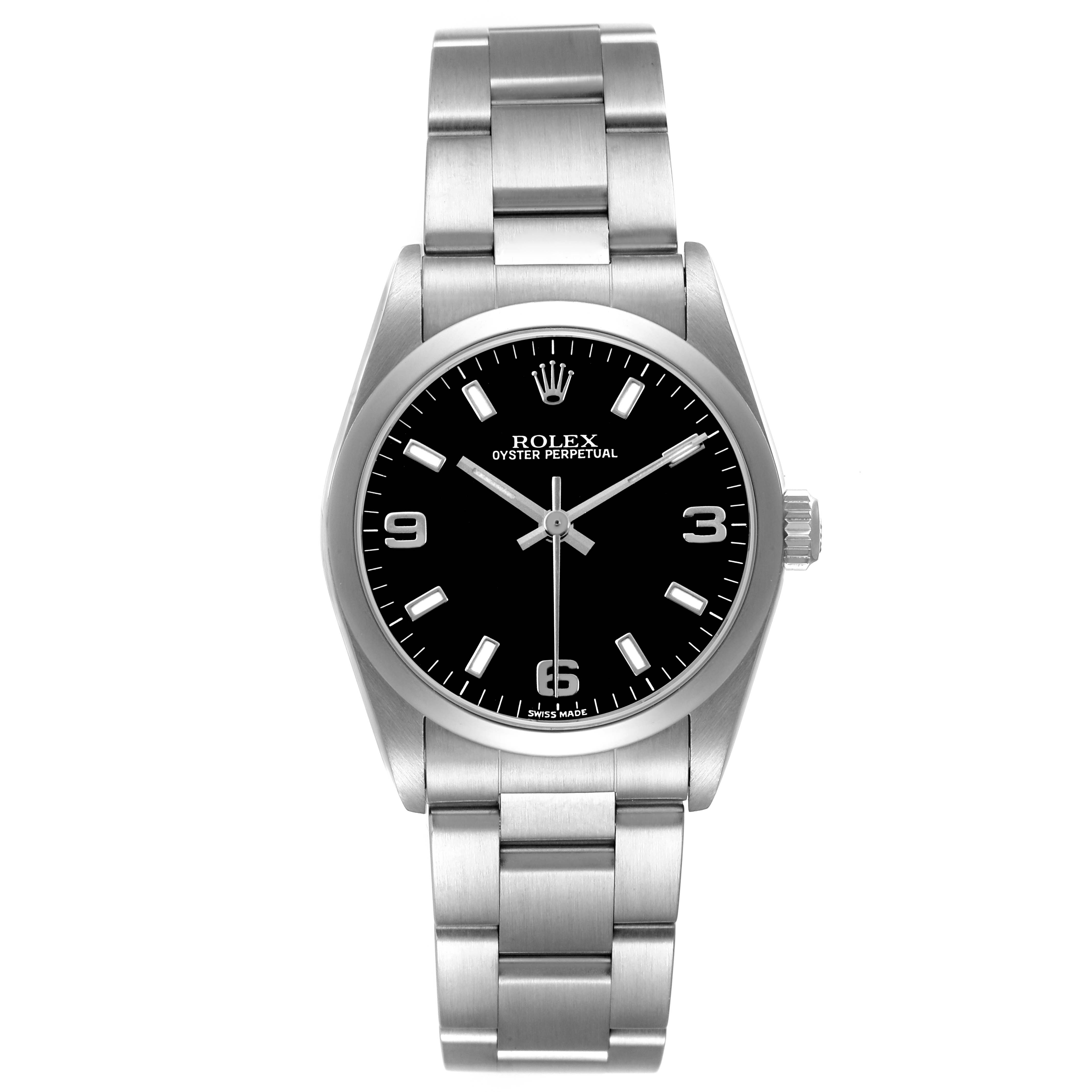 The image shows a Rolex Mid-Size 77080 Womens Stainless Steel Black Dial Oyster Perpetual watch from a front angle, highlighting its face and stainless steel bracelet.