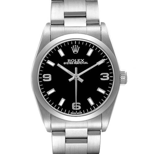 The Rolex Oyster Perpetual Mid-Size watch is shown from a front angle, displaying the dial, case, and bracelet.