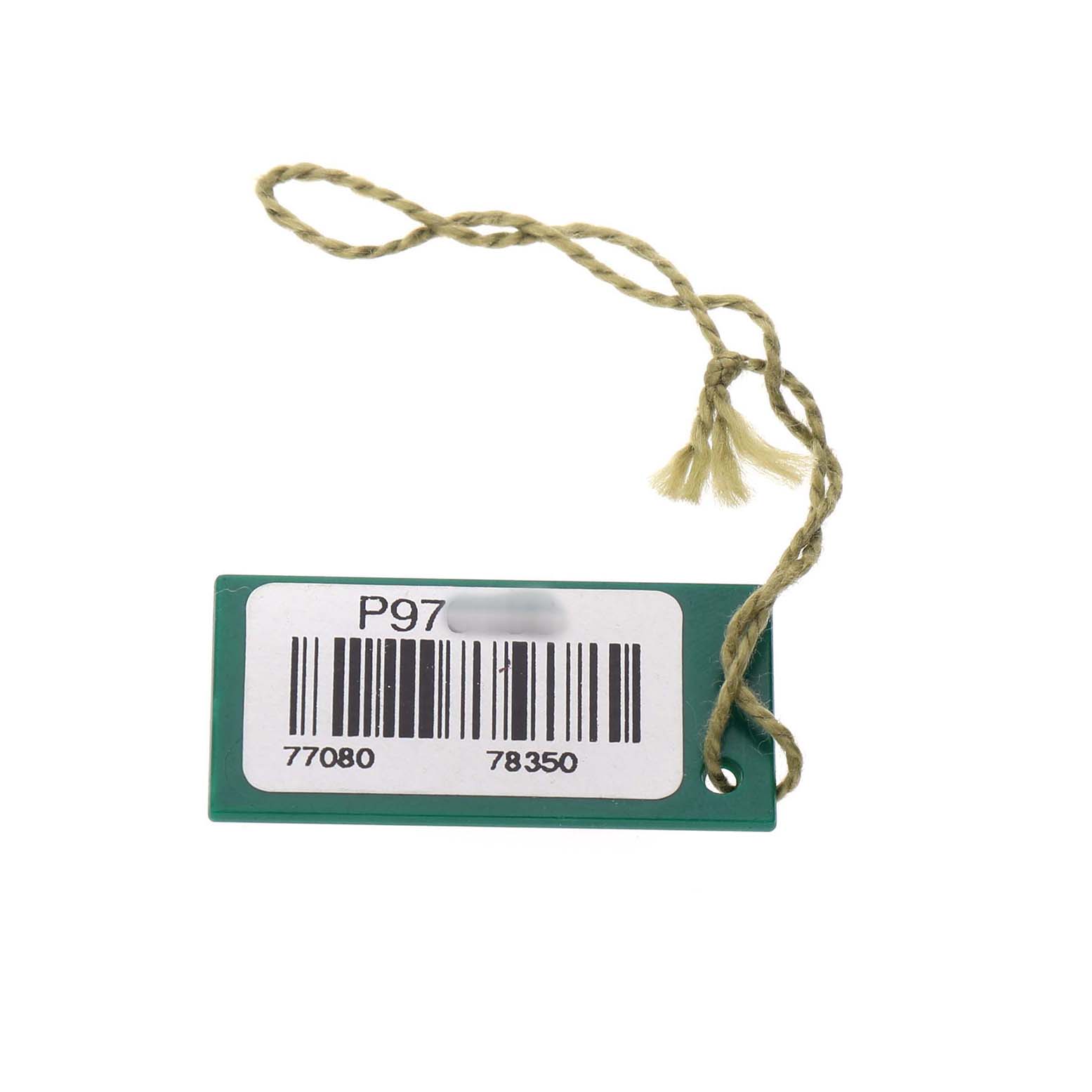 The image shows a Rolex Mid-Size 77080 Womens Stainless Steel Black Dial model tag with a barcode and string attached.
