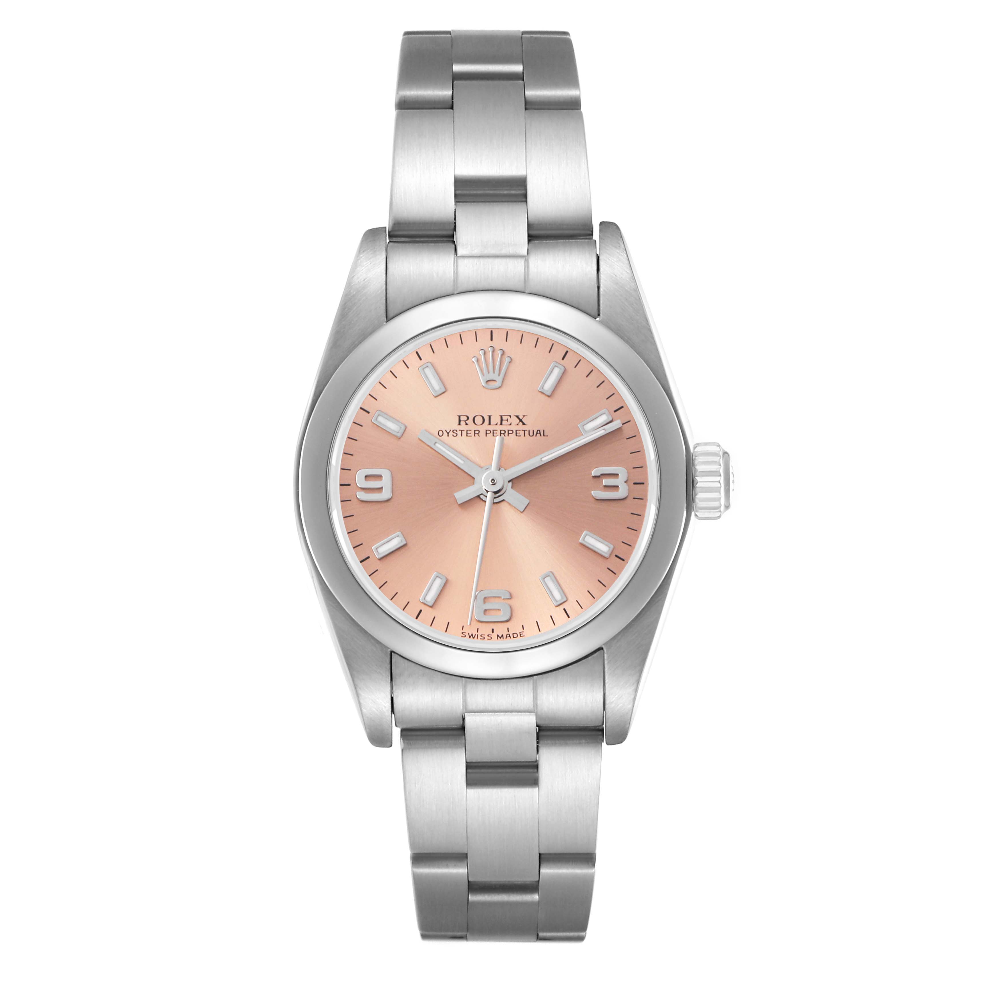 The Rolex Oyster Perpetual 76080 Women
s Stainless Steel Pink Dial 76080 Women
s Stainless Steel Pink Dial watch is shown from a top-down angle, displaying the face, bezel, bracelet, and crown.
