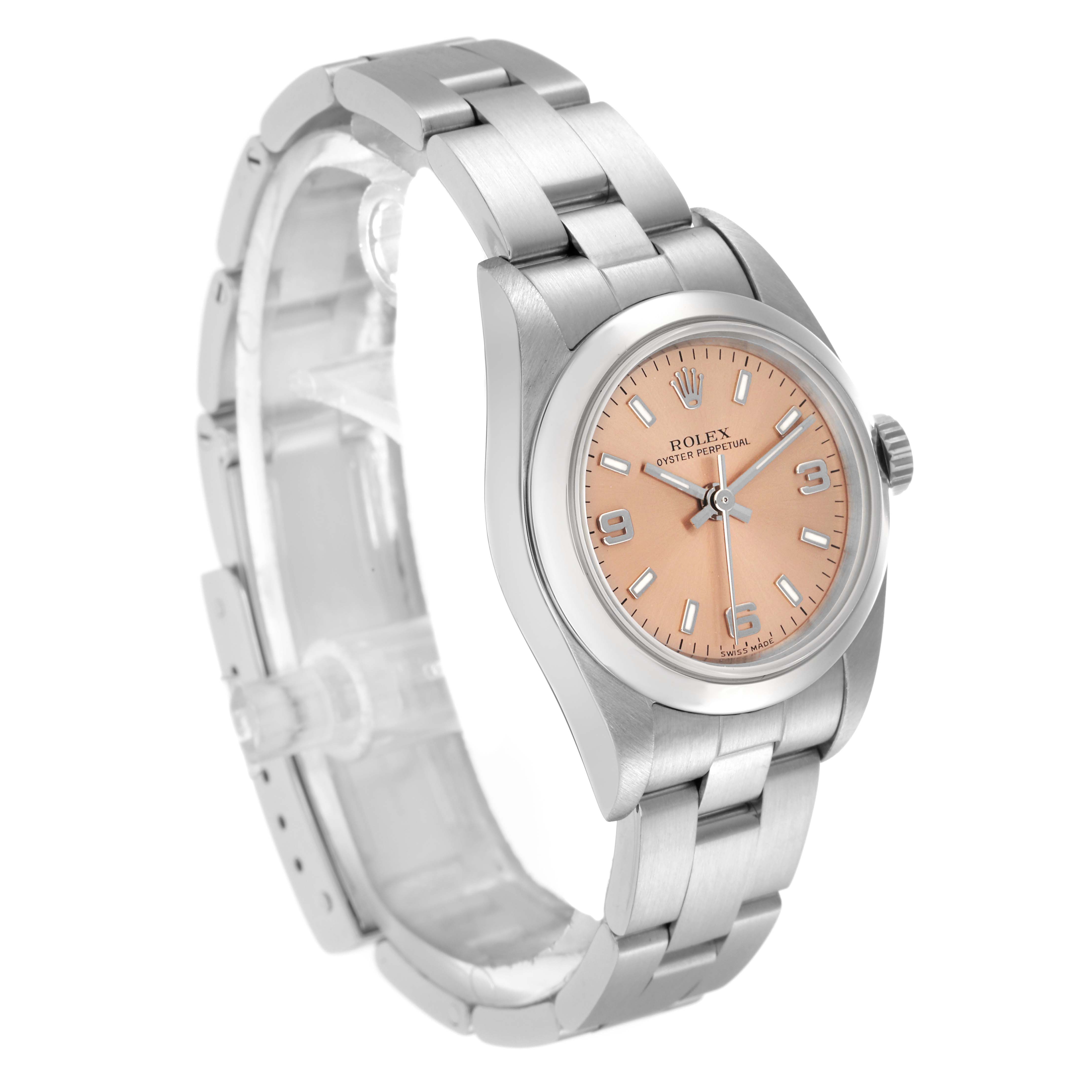 The Rolex Oyster Perpetual 76080 Women
s Stainless Steel Pink Dial 76080 Women
s Stainless Steel Pink Dial watch is shown at a three-quarter angled view, displaying the dial, bezel, and bracelet.