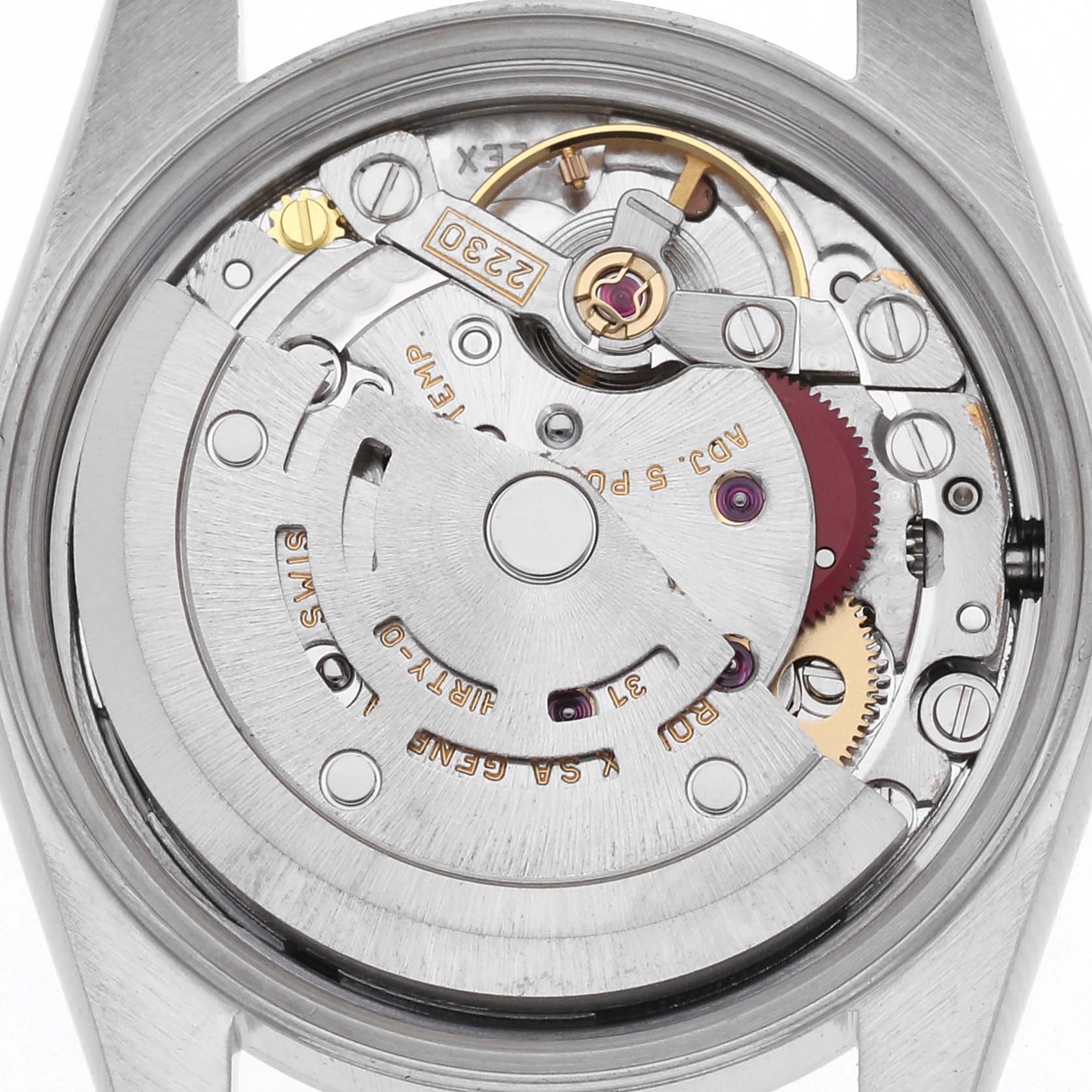 The image shows the movement and internal components of a Rolex Oyster Perpetual 76080 Women
s Stainless Steel Pink Dial 76080 Women
s Stainless Steel Pink Dial watch from a back view angle.
