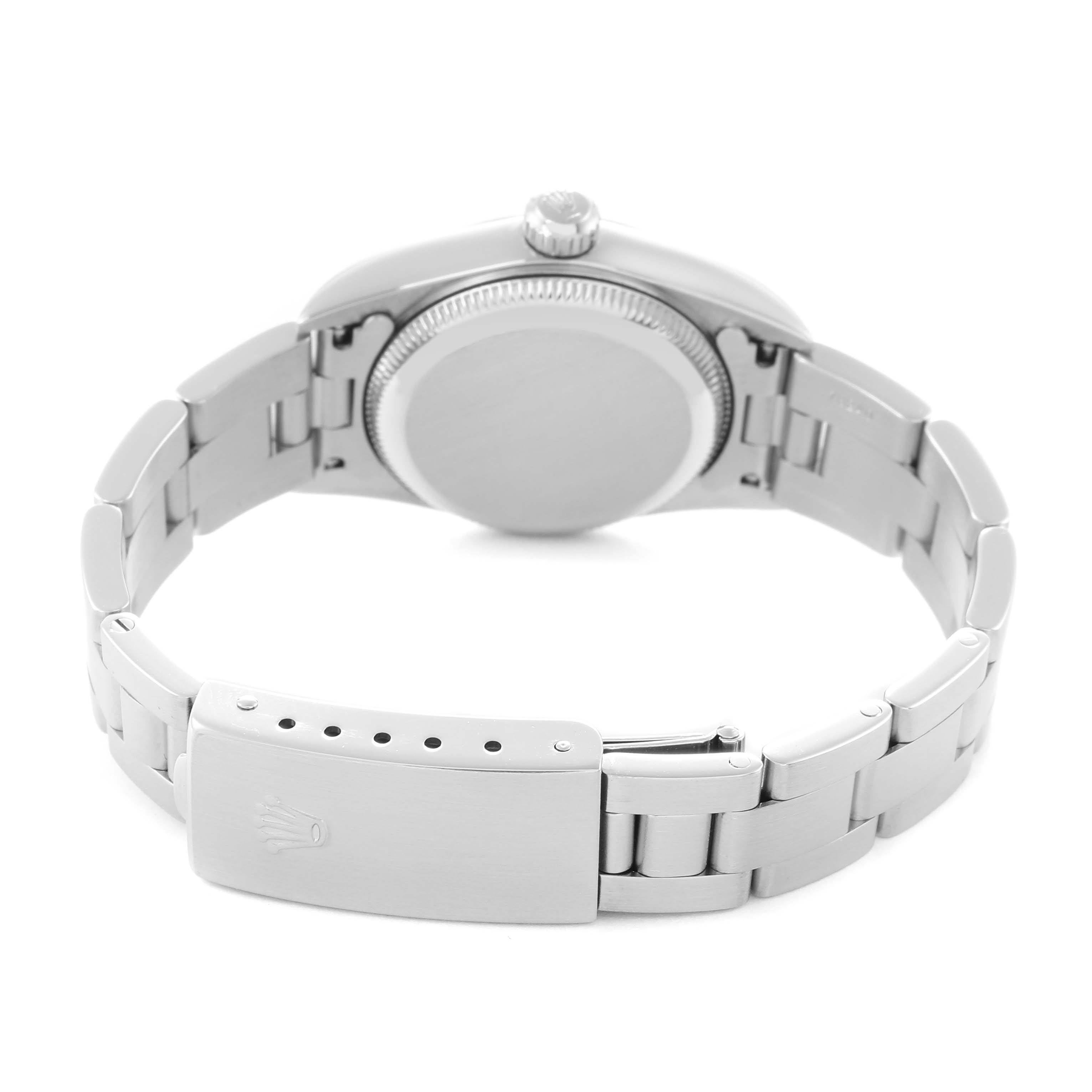 The image shows the back of a Rolex Oyster Perpetual 76080 Women
s Stainless Steel Pink Dial 76080 Women
s Stainless Steel Pink Dial watch, featuring the case back, bracelet, and clasp.