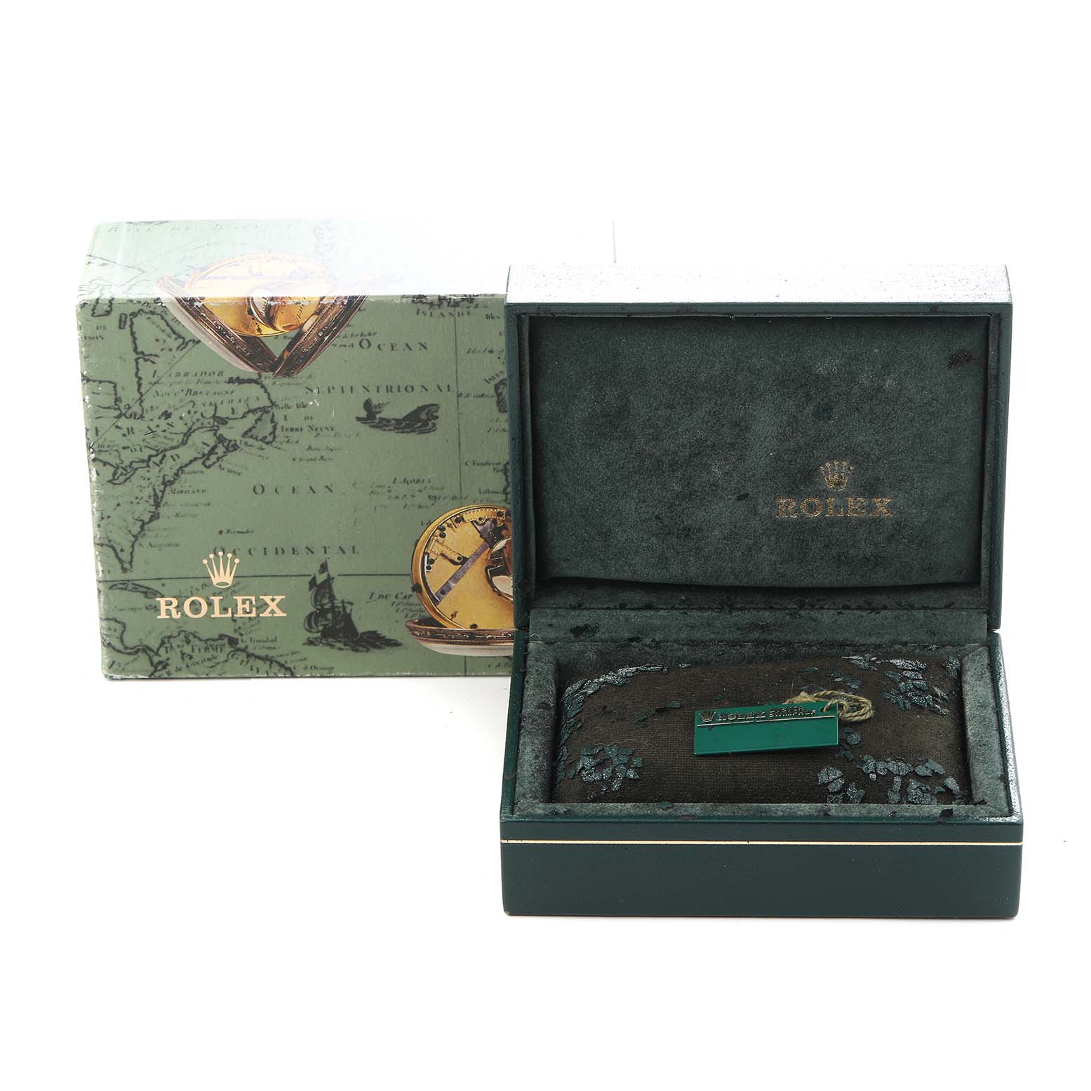 The image shows a Rolex Oyster Perpetual 76080 Women
s Stainless Steel Pink Dial 76080 Women
s Stainless Steel Pink Dial watch box, opened, with exterior packaging in the background.