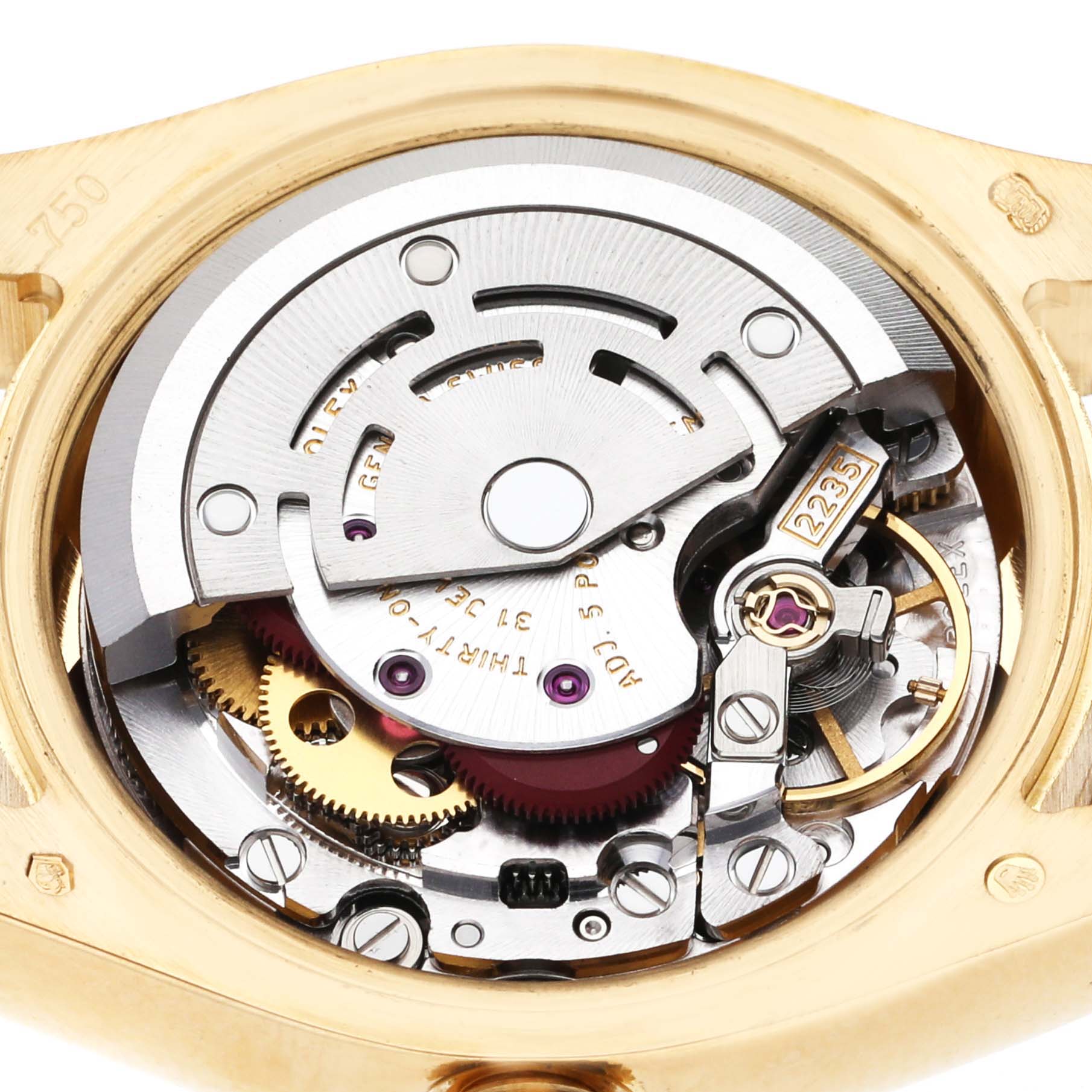 This image shows a close-up of the internal movement mechanism of a Rolex President 179178 Women's Yellow Gold Champagne Dial 179178 Women's Yellow Gold Champagne Dial model watch.