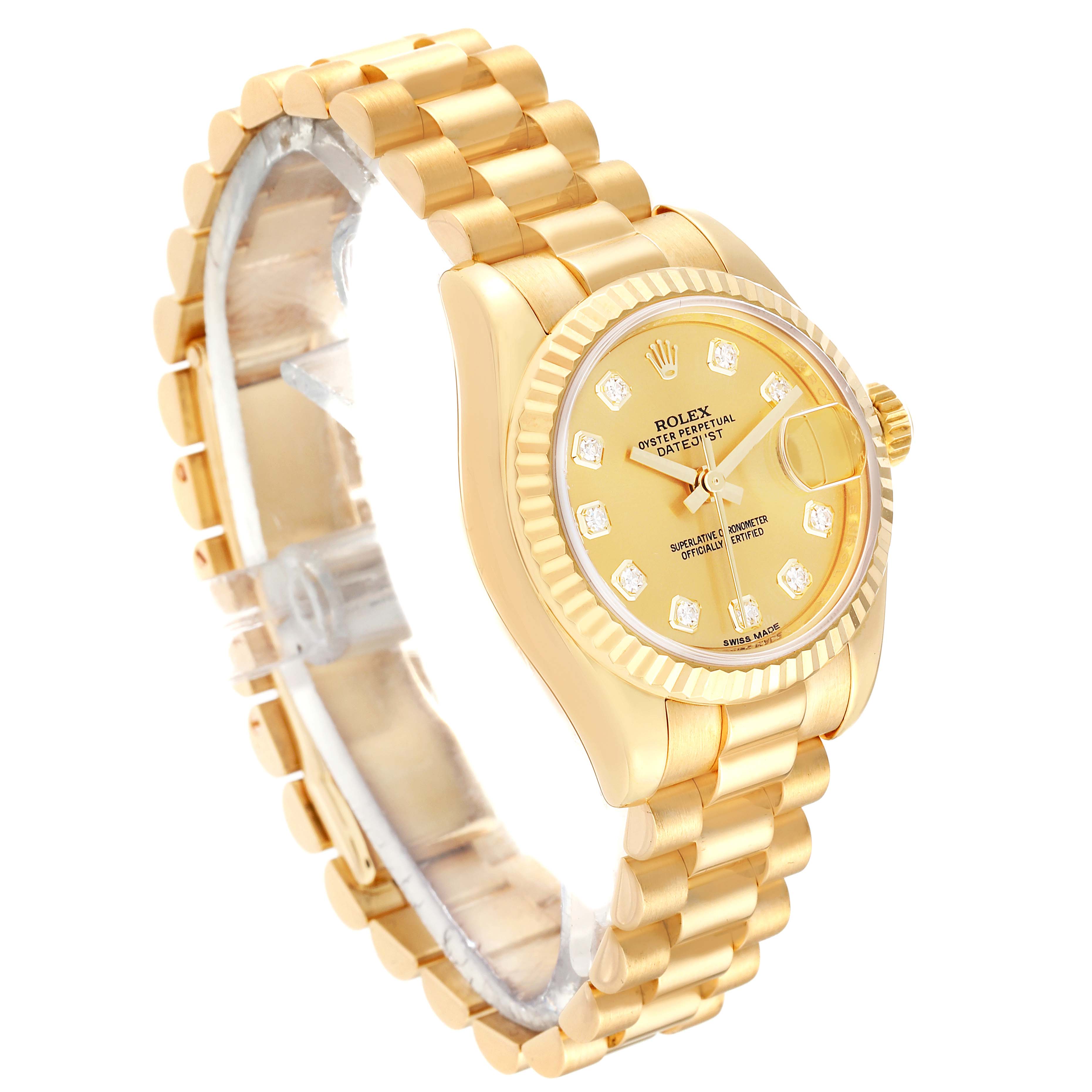 The watch is a Rolex President 179178 Women's Yellow Gold Champagne Dial 179178 Women's Yellow Gold Champagne Dial model shown at a slight angle, highlighting its face, bracelet, and crown.
