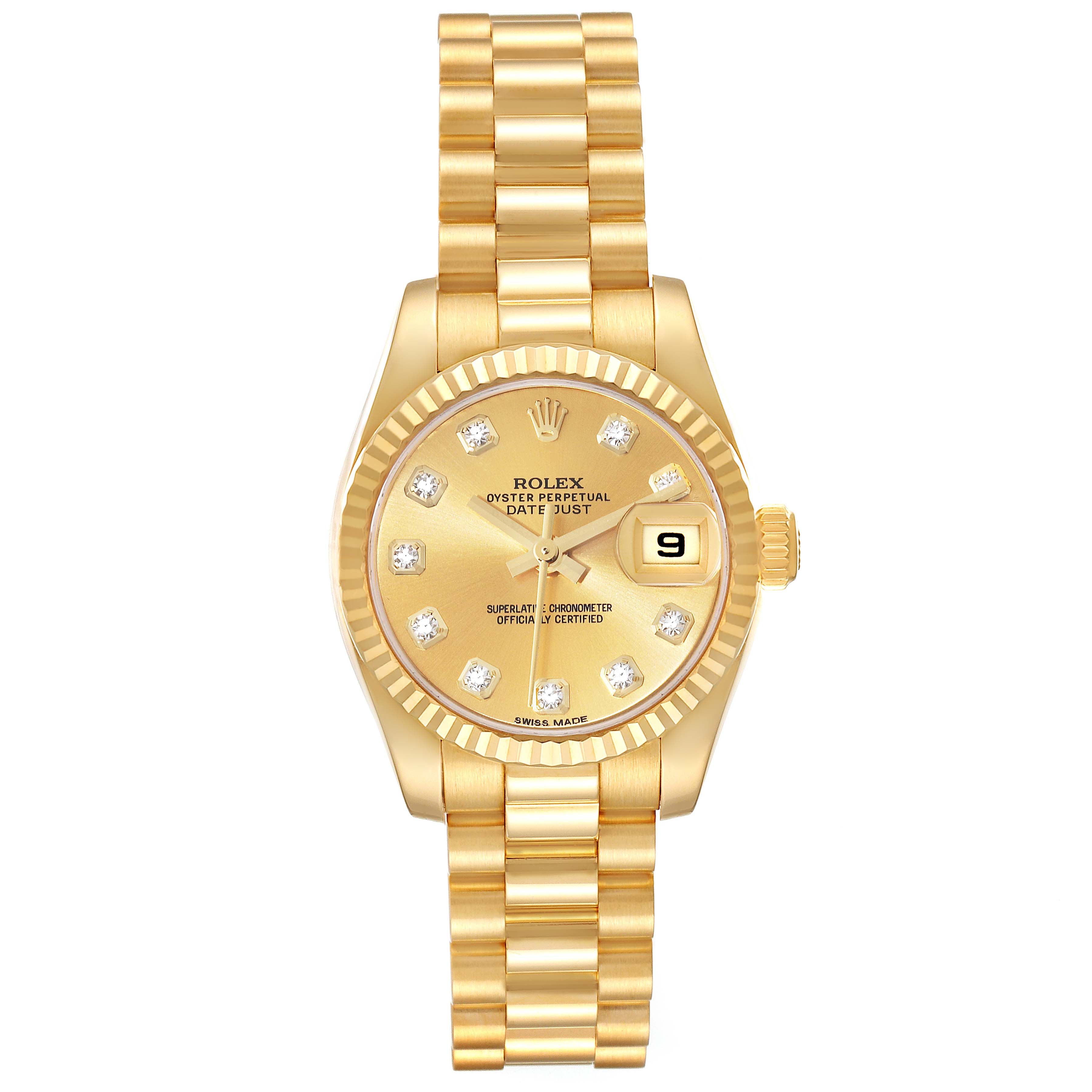 This image shows a frontal view of the Rolex President 179178 Women's Yellow Gold Champagne Dial 179178 Women's Yellow Gold Champagne Dial model watch, highlighting its dial, bezel, bracelet, and crown.