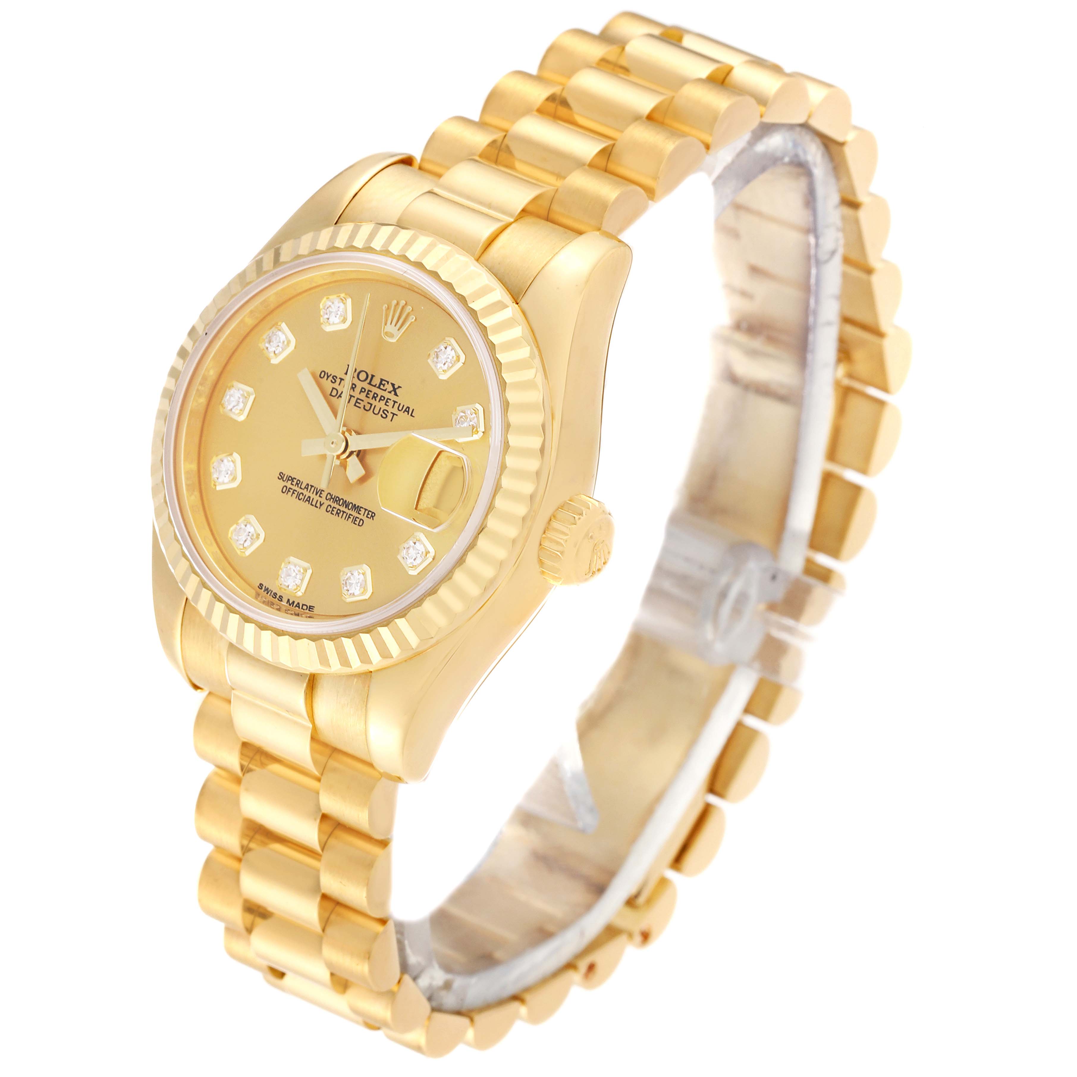 This image shows a gold Rolex President 179178 Women's Yellow Gold Champagne Dial 179178 Women's Yellow Gold Champagne Dial watch model at a slight side angle, displaying the dial, bezel, band, and crown.