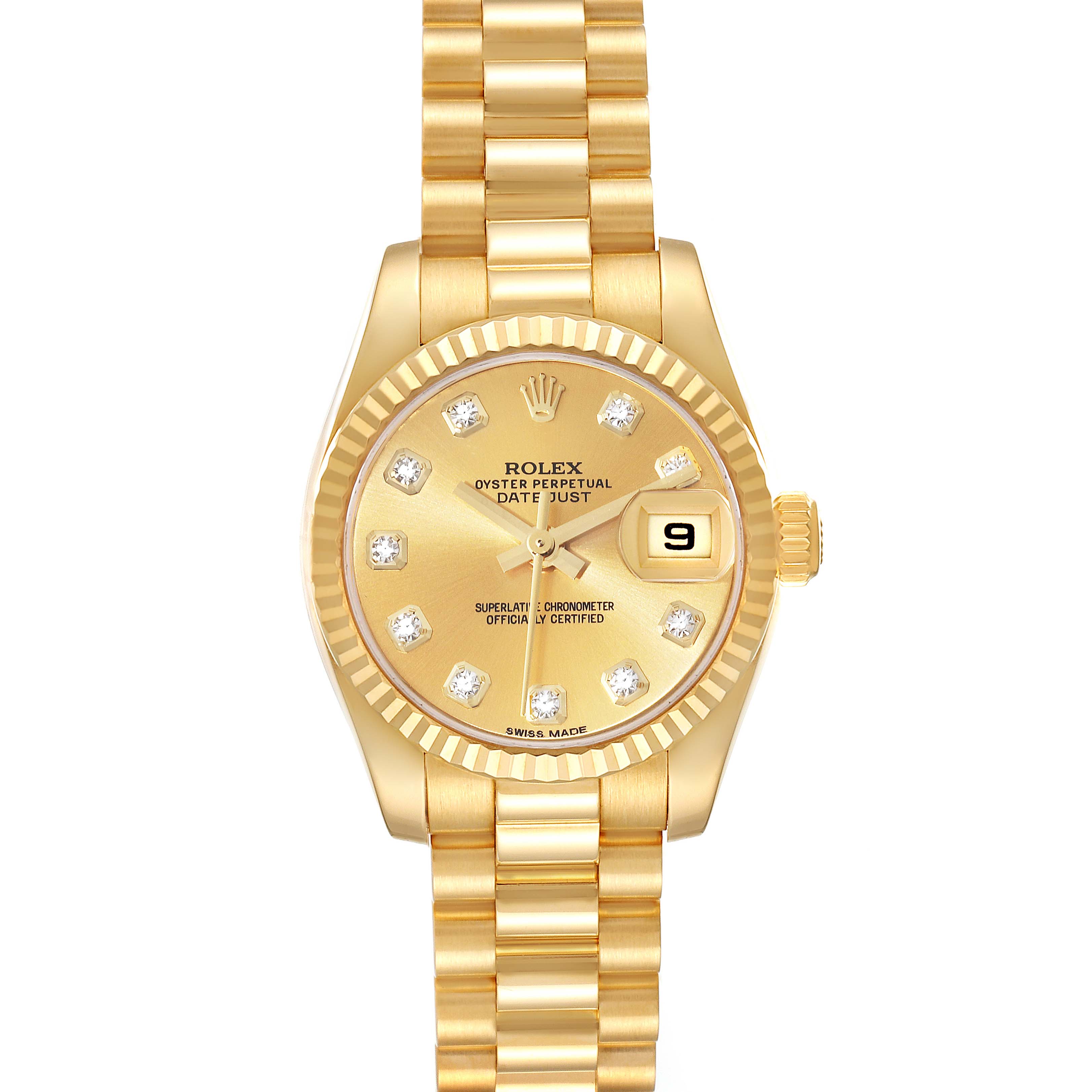 The image shows a Rolex President 179178 Women's Yellow Gold Champagne Dial 179178 Women's Yellow Gold Champagne Dial model watch from a straight-on angle, featuring the dial, bezel, and bracelet.