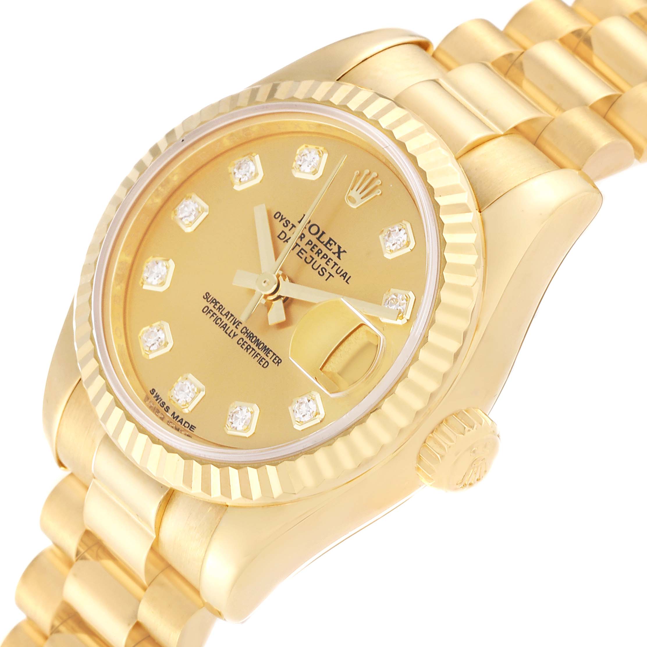 The image shows a close-up angled view of the Rolex President 179178 Women's Yellow Gold Champagne Dial 179178 Women's Yellow Gold Champagne Dial model watch, highlighting its gold case, dial, bezel, and bracelet.