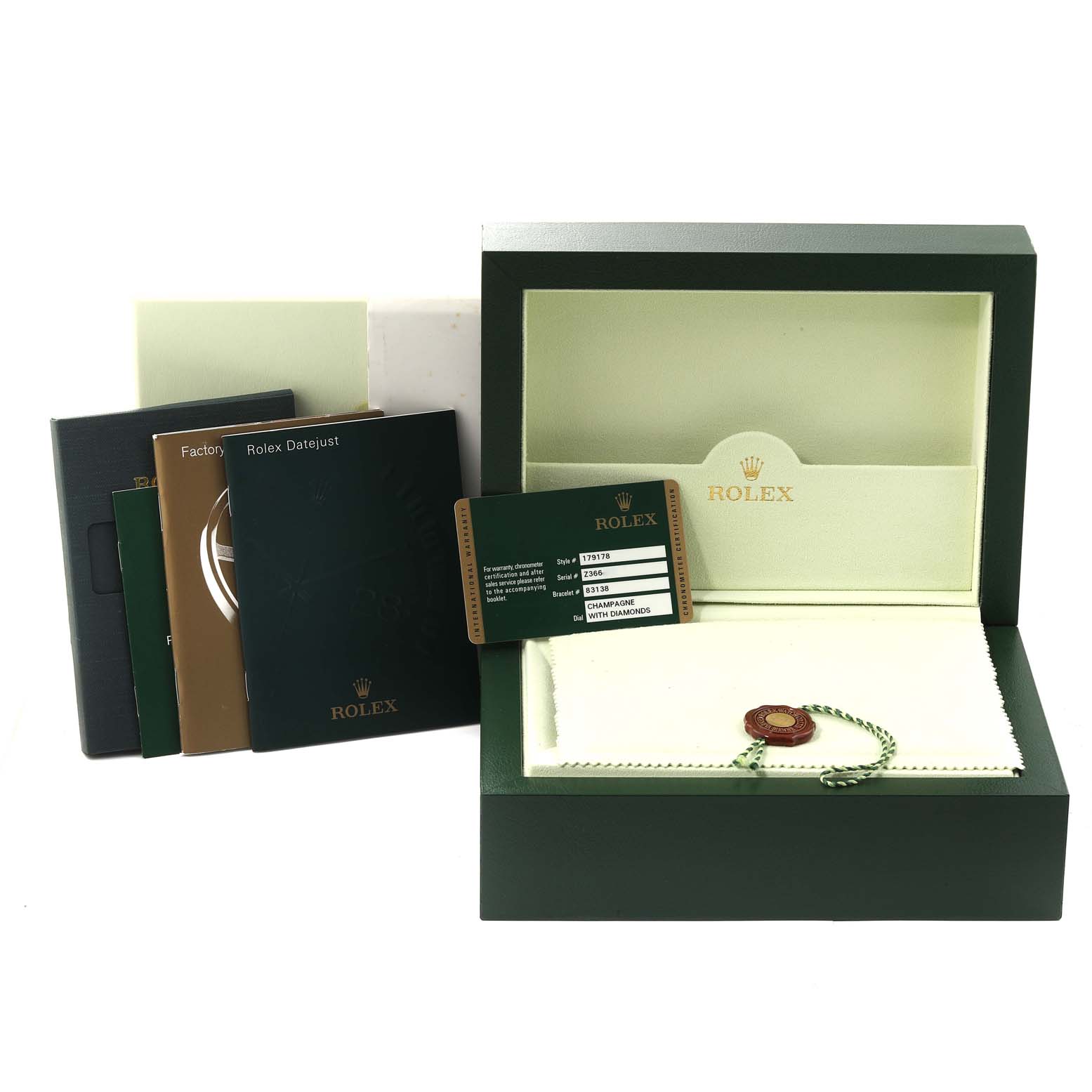 The image shows the box, booklets, warranty card, and accessories for the Rolex President 179178 Women's Yellow Gold Champagne Dial 179178 Women's Yellow Gold Champagne Dial model.