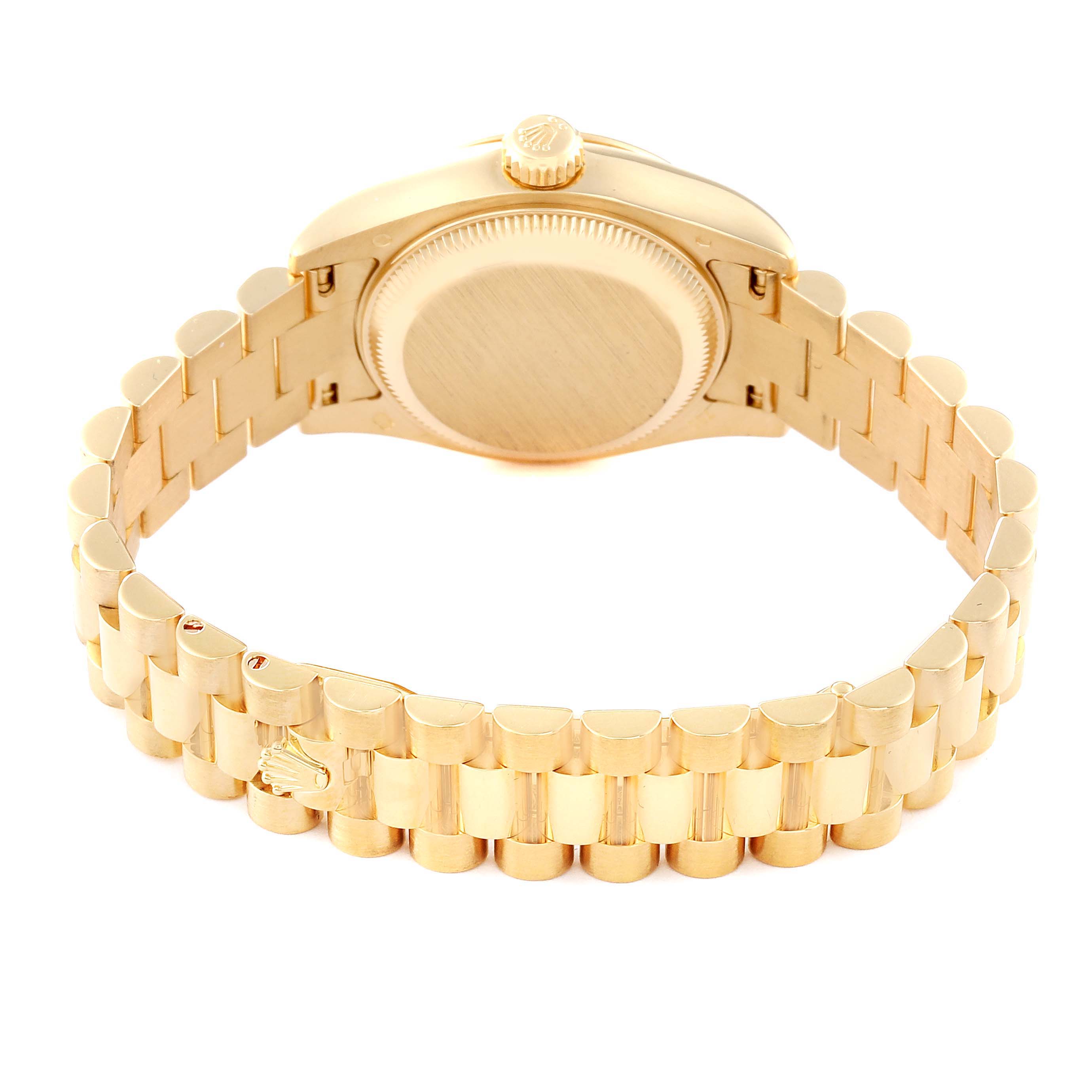 This image shows the Rolex President 179178 Women's Yellow Gold Champagne Dial 179178 Women's Yellow Gold Champagne Dial watch from the back, highlighting the bracelet and case back.