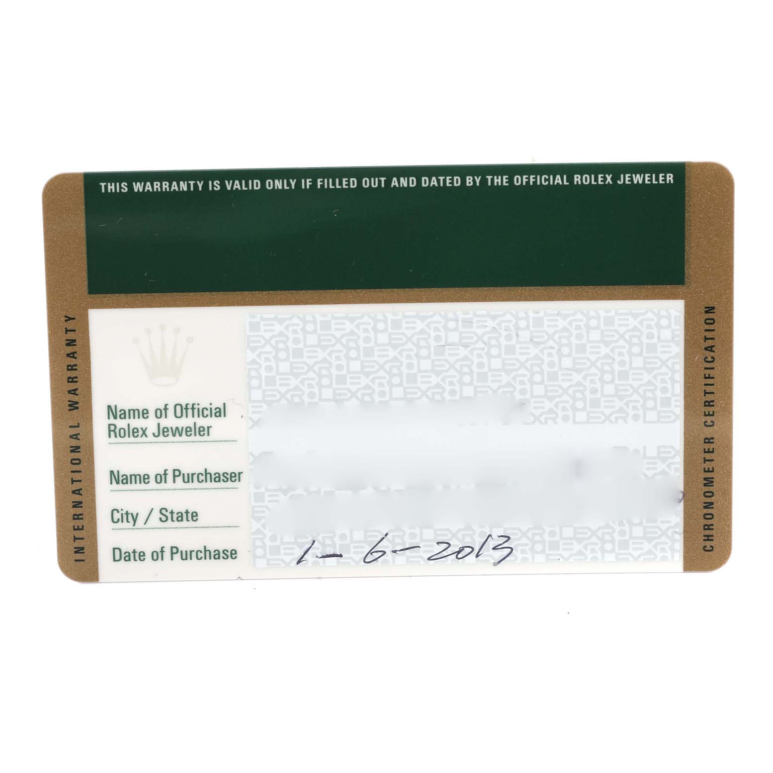 The image displays the warranty card for a Rolex President 179178 Women's Yellow Gold Champagne Dial 179178 Women's Yellow Gold Champagne Dial model watch.