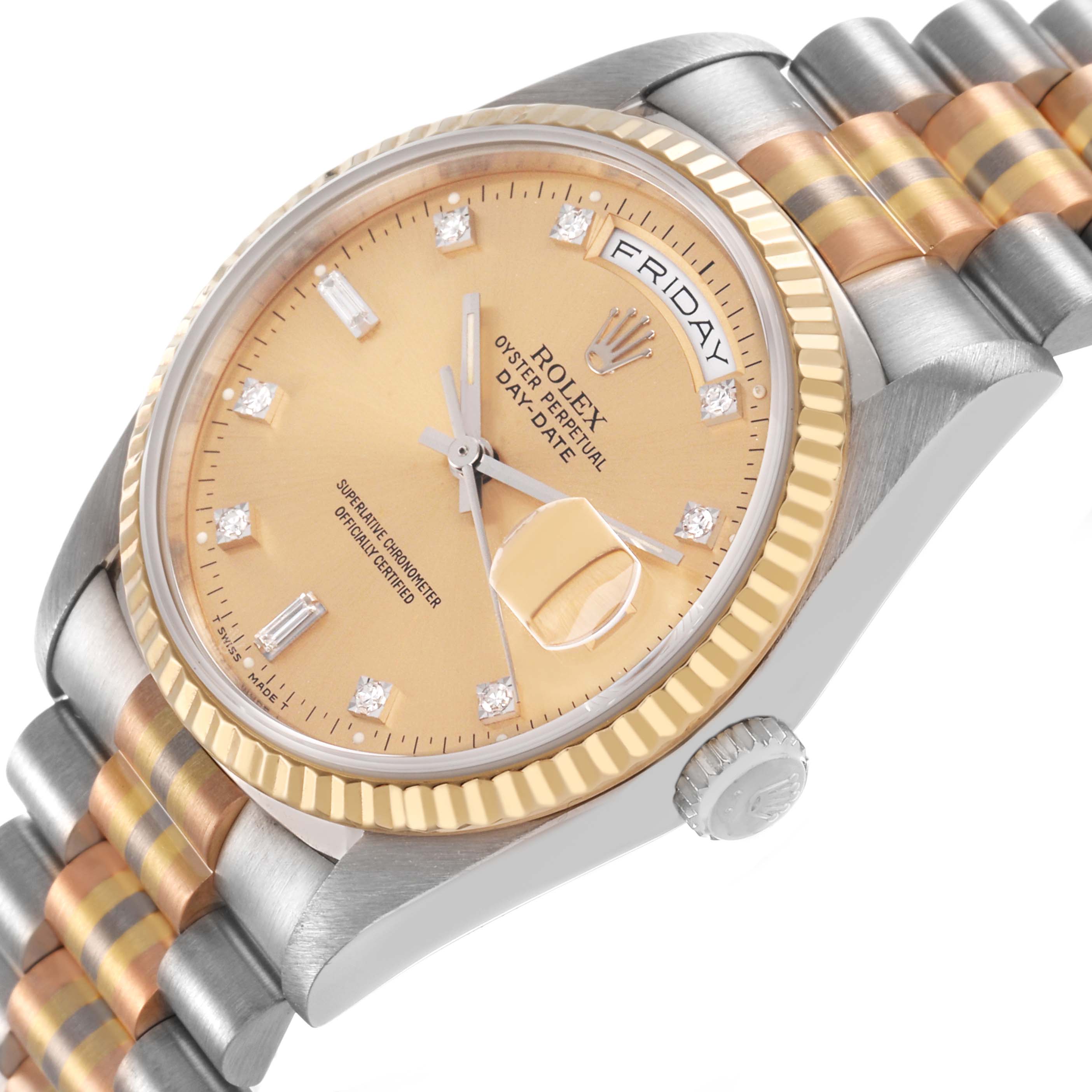 The Rolex President 18239BIC Men's White Gold Champagne Dial watch is shown at a tilted angle, featuring the dial, bezel, and part of the bracelet.