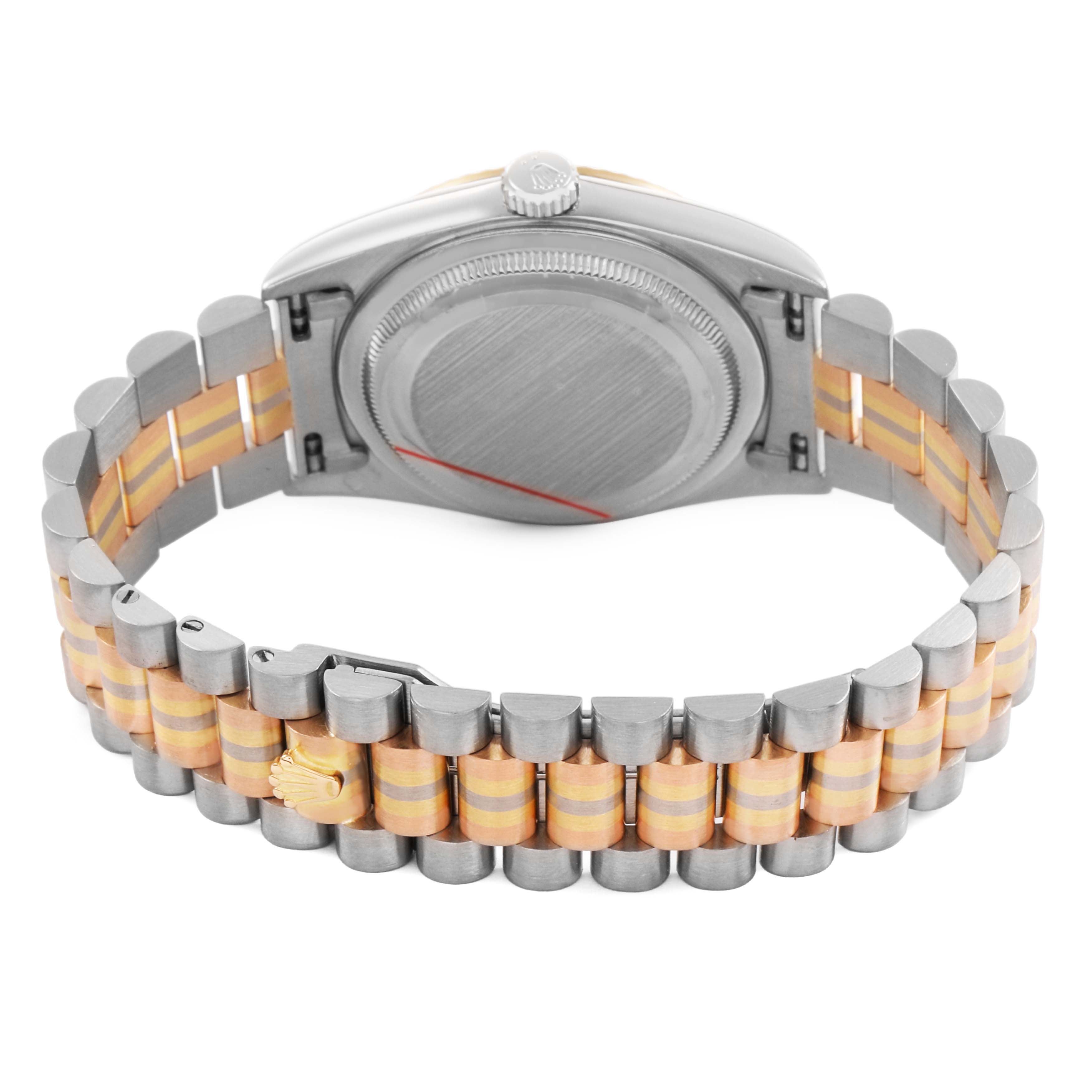 The image shows the back view of a Rolex President 18239BIC Men's White Gold Champagne Dial watch, highlighting the case back and two-tone bracelet.