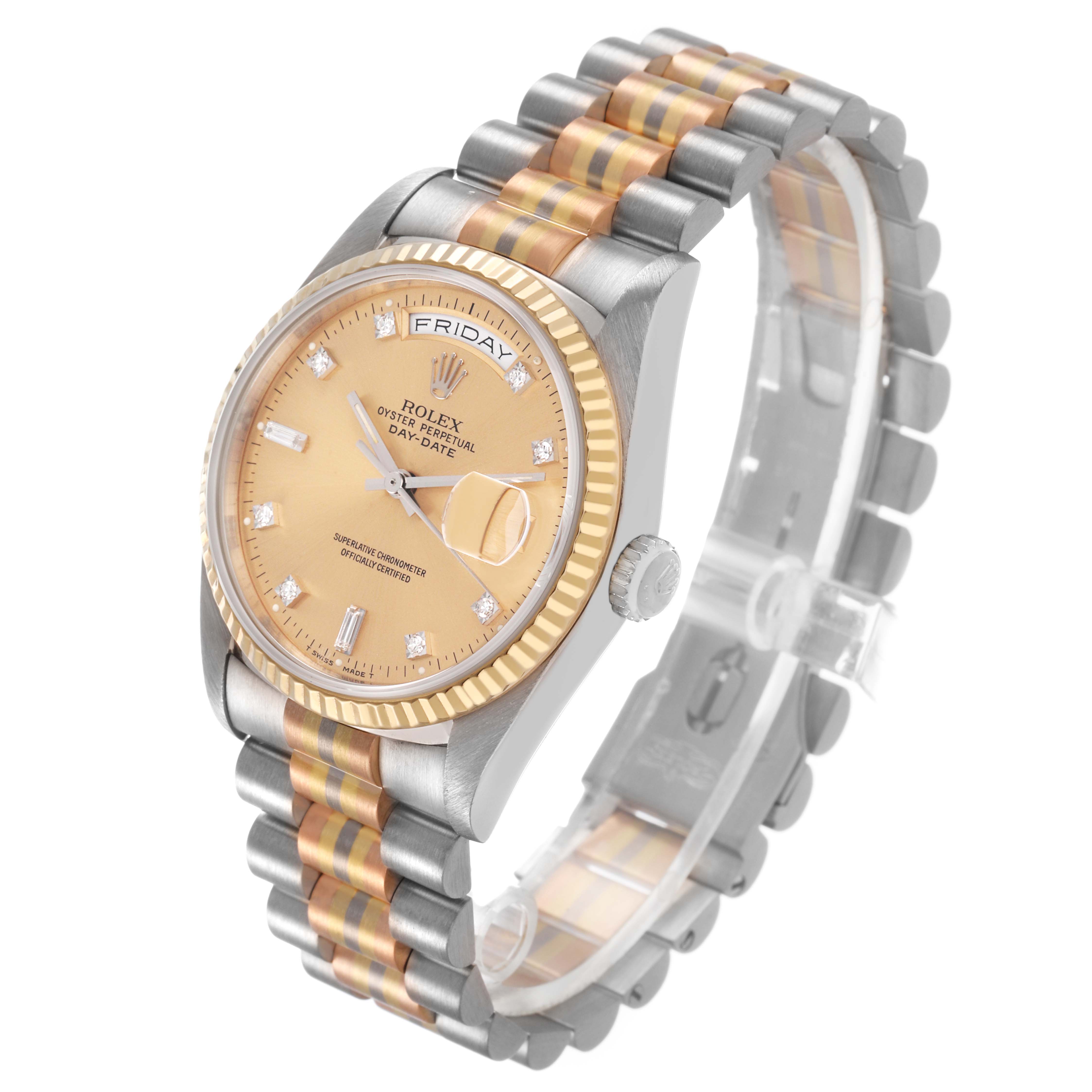 The Rolex President 18239BIC Men's White Gold Champagne Dial model is shown at a 3/4 angle, highlighting the face, fluted bezel, and two-tone bracelet.